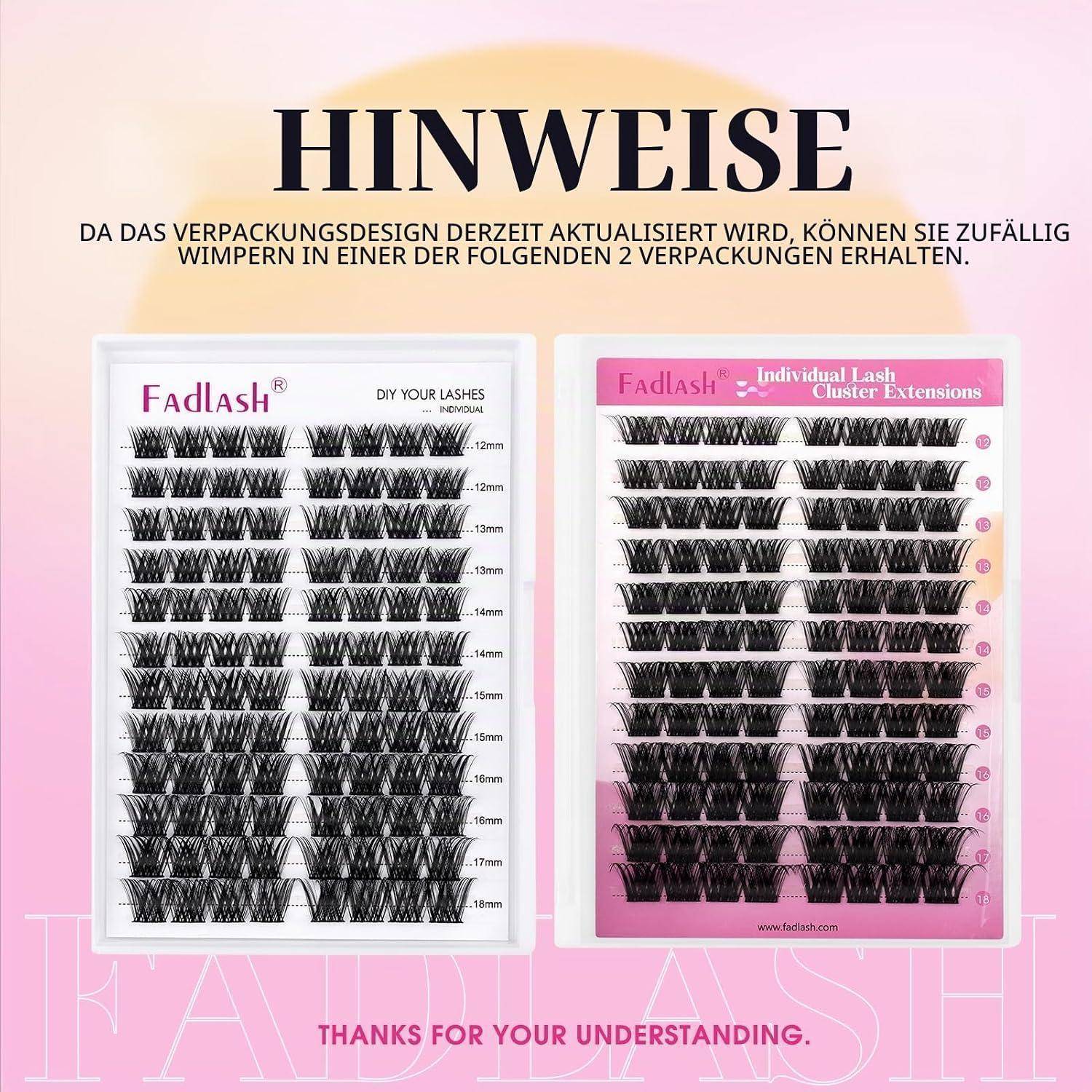 Deutsche Mitteilung: Das Verpackungsdesign wird aktualisiert, daher kann die Wimpernverpackung variieren; zeigt zwei mögliche Fadlash-Wimpernverlängerungspakete.