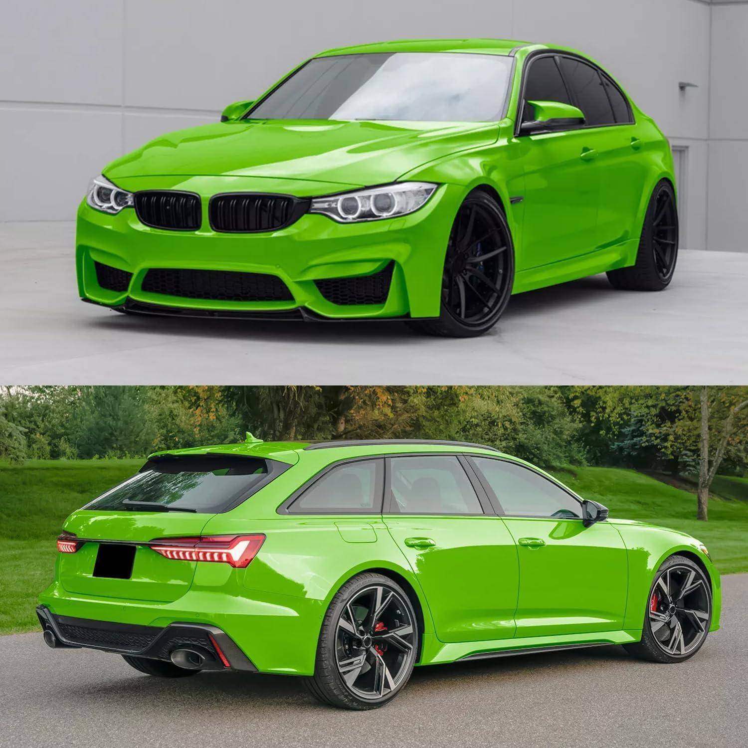 Hellgrüner BMW-Limousine gezeigt in Vorderansicht drei-viertel Perspektive und hinterer Seitenansicht, die sein sportliches Bodykit, schwarze Räder und getönte Fenster hervorhebt.