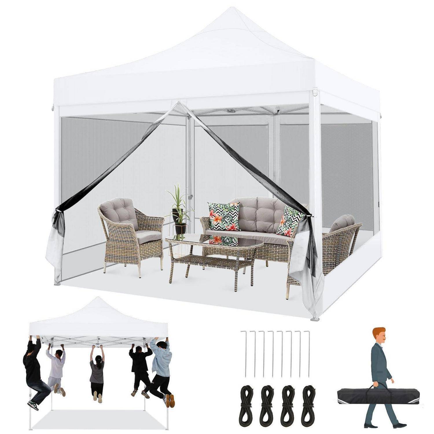 Tragbares Gazebo-Baldachindach-Set mit Moskitonetz und Terrassenmöbeln, plus Montageanleitung, Heringe, Seile und Tragetasche wie unten abgebildet.