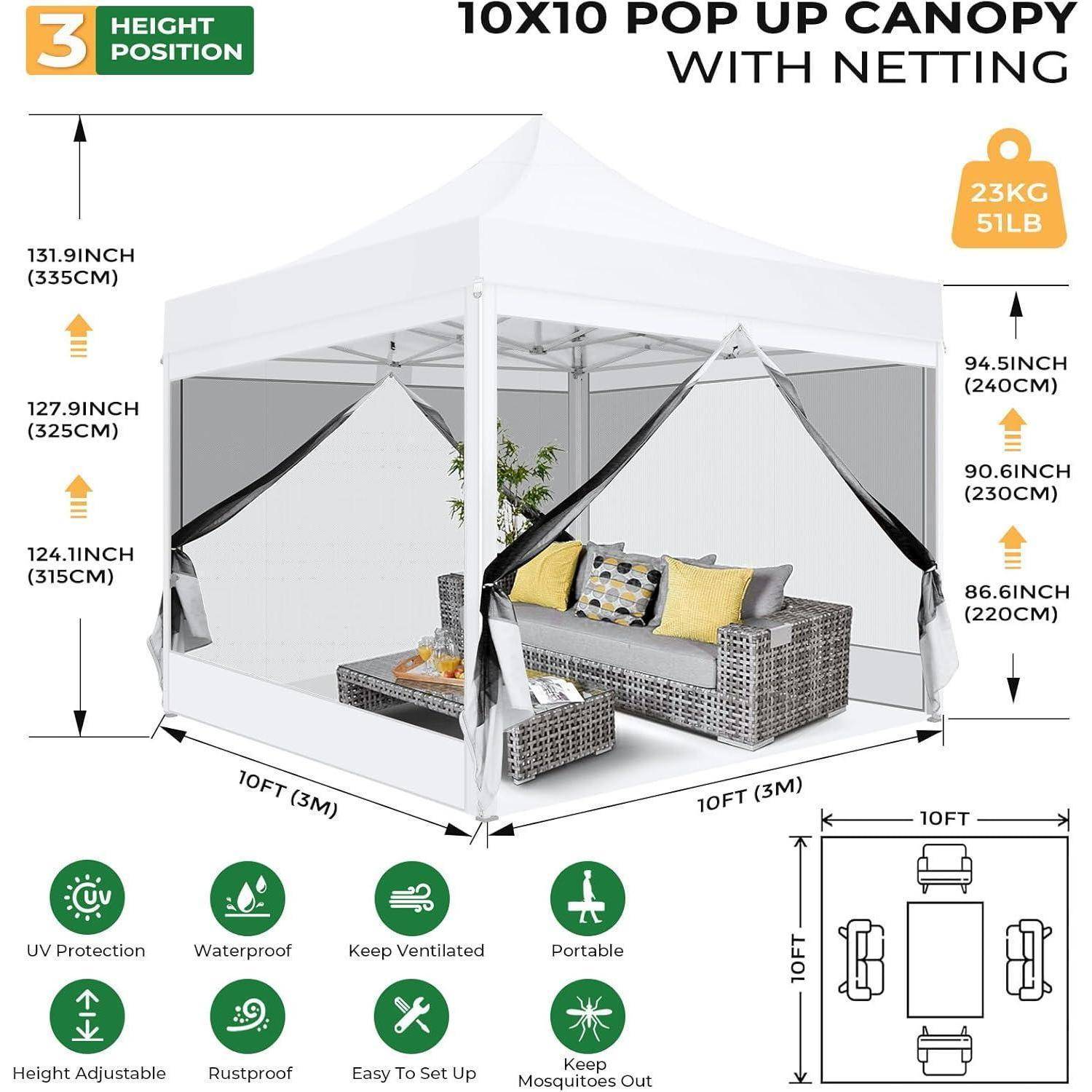 Produktdiagramm eines 10x10 Pop-Up-Pavillon mit Netzwerk, das verstellbare Höhenoptionen, Abmessungen, 23 kg Gewicht und Funktionen wie UV-Schutz, Wasserfestigkeit, Belüftung, Tragbarkeit, Rostschutz und einfache Montage zeigt.