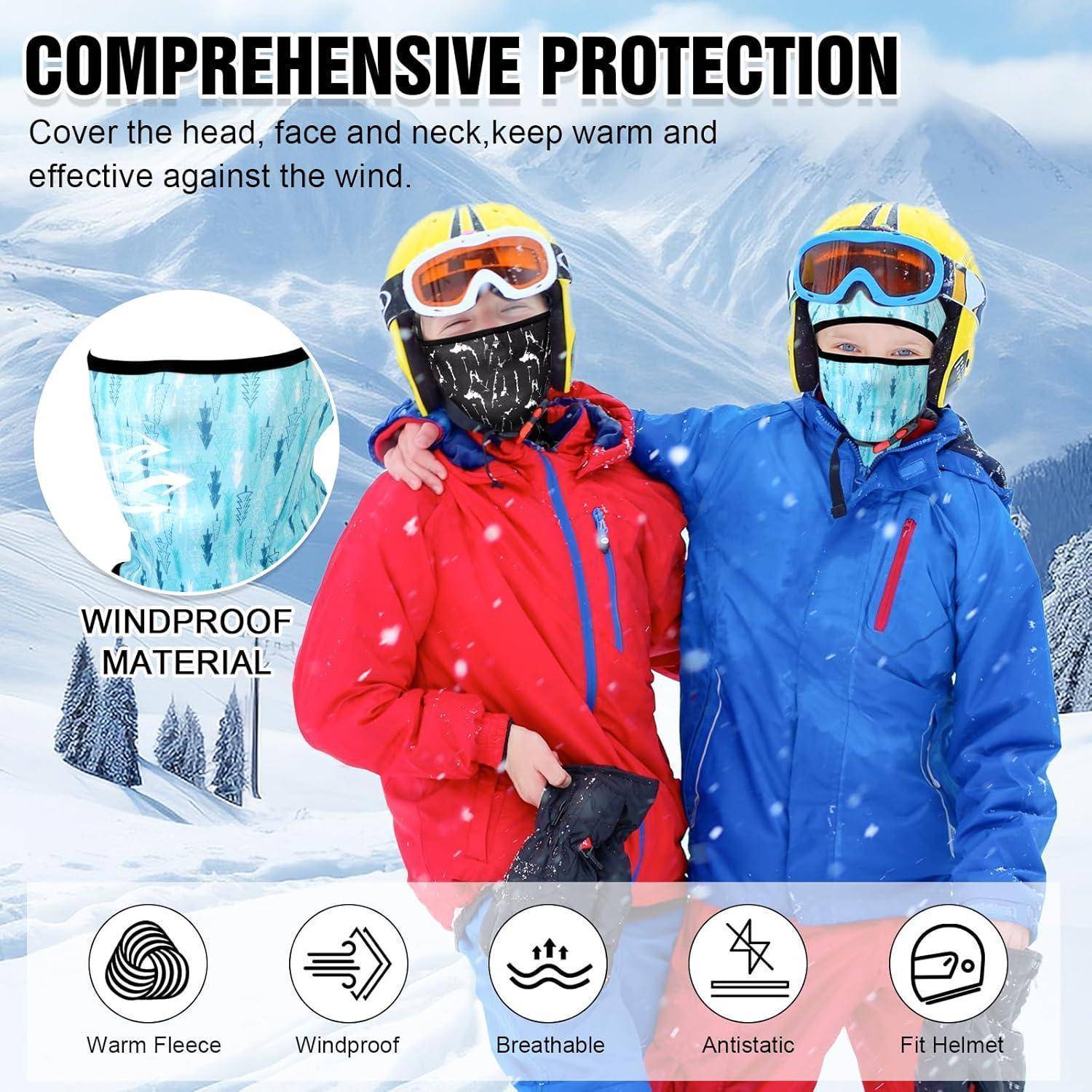 Zwei Skifahrer in Winterausrüstung zeigen eine Gesichtsabdeckung zum Schutz vor kaltem Wetter; der Text hebt „Umfassender Schutz