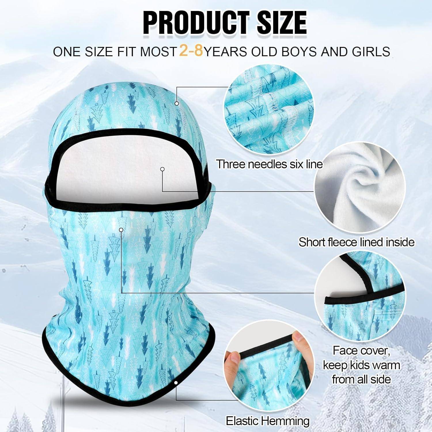 Größentabelle des Produkts für eine blaue Kinder-Ski-Sturmhaube aus Fleece, mit der Beschriftung „Eine Größe passt für die meisten Kinder von 2-8 Jahren, Jungen und Mädchen