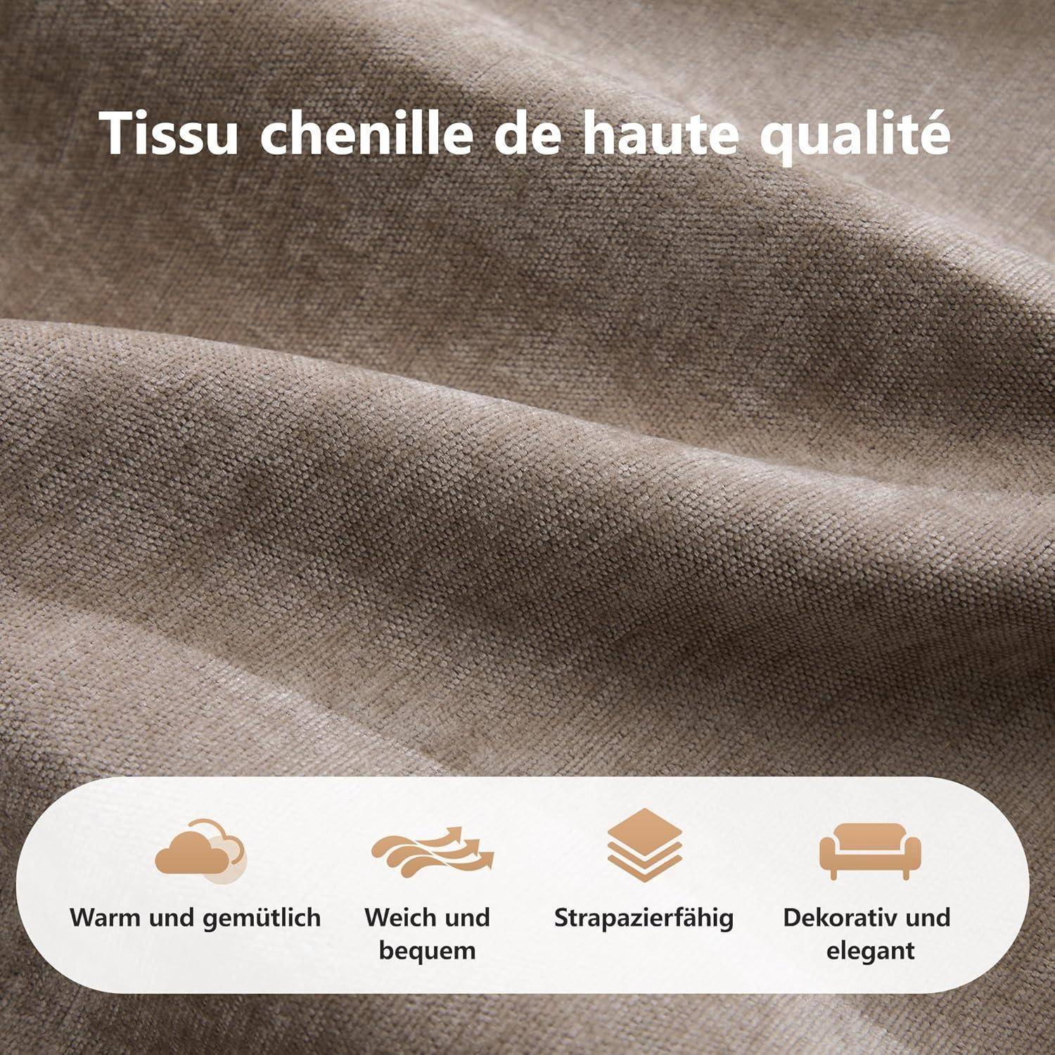 Nahaufnahme von braunem Chenille-Stoff mit überlagerttem Text „Hochwertiger Chenille-Stoff