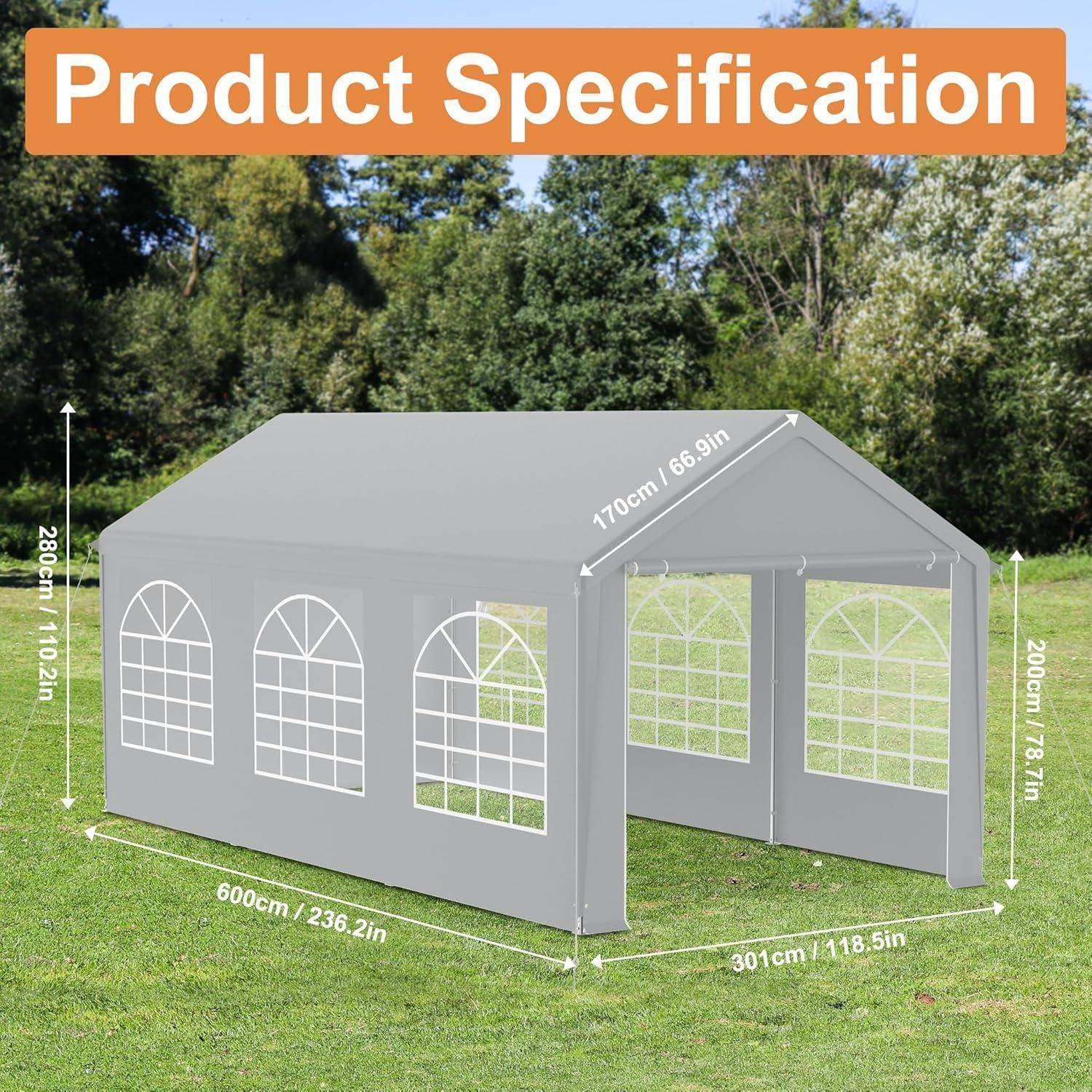 Produktspezifikation eines grauen Außenzelts mit Bogenfenstern, Abmessungen: 600 cm lang, 301 cm breit, 280 cm hoch, 200 cm Seitenhöhe, 170 cm Dachlänge.