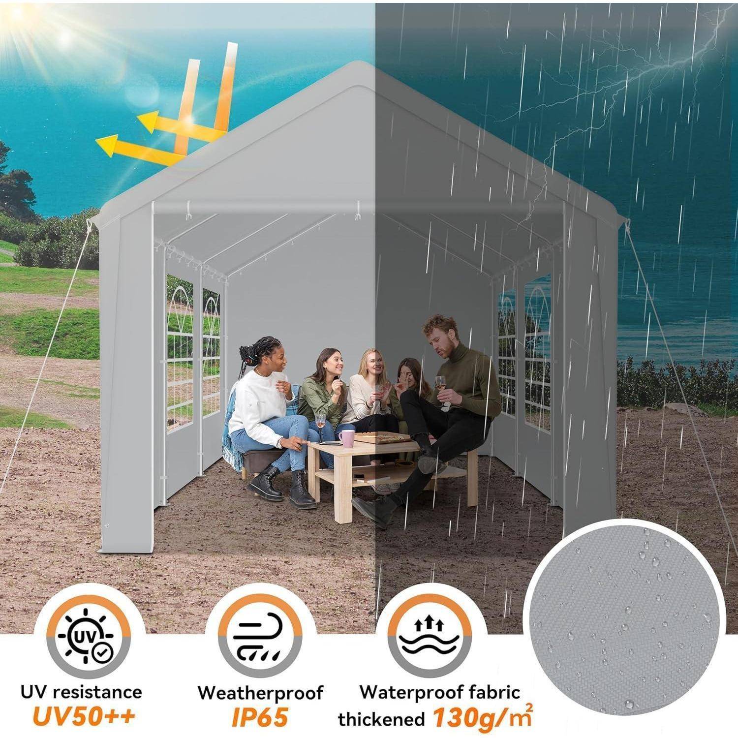 Outdoor-Pavilion mit vier Personen im Inneren; geteilter sonniger und regnerischer Hintergrund mit Symbolen zur Hervorhebung von UV-Beständigkeit, wetterfestem Design und wasserdichtem Stoff.