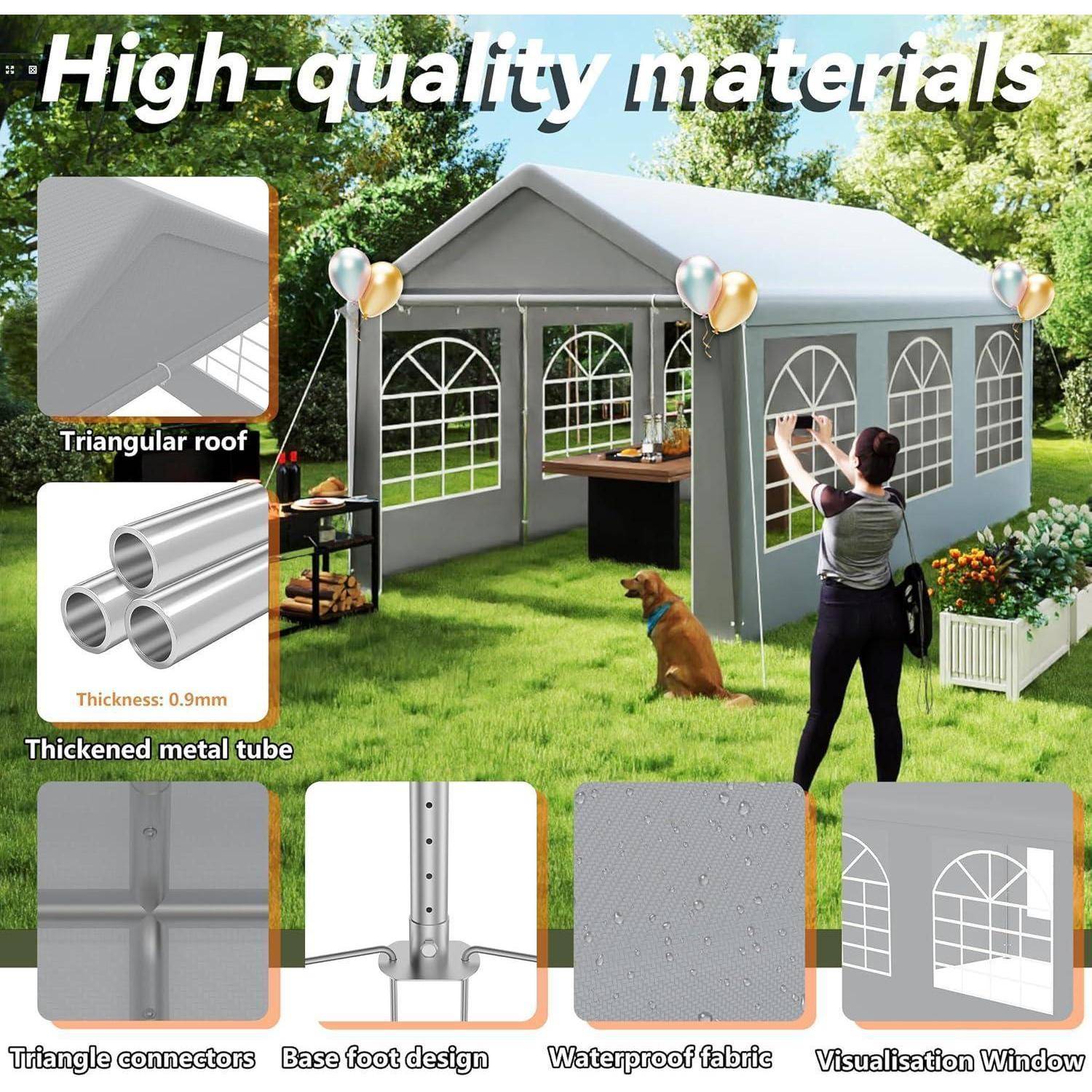 Werbebild eines grauen Outdoor-Zeltpavillons mit gewölbten Fenstern, die folgende Funktionen hervorhebt: Dreiecksdach, verdickte Metallrohre, Dreieckverbinder, Basisfußdesign, wasserdichtes Gewebe und Visualisierungsfenster.