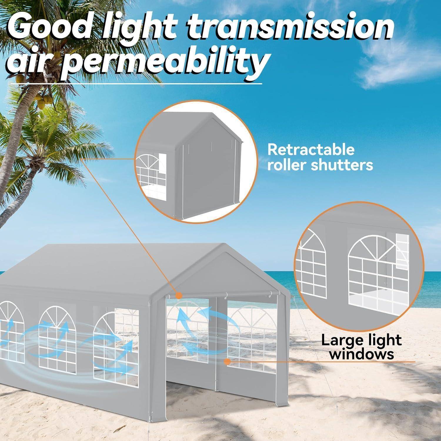 Strandmuschel mit großen Lichtfenstern und ausziehbaren Rollläden, gekennzeichnet mit „Gute Lichttransmission Luftdurchlässigkeit".