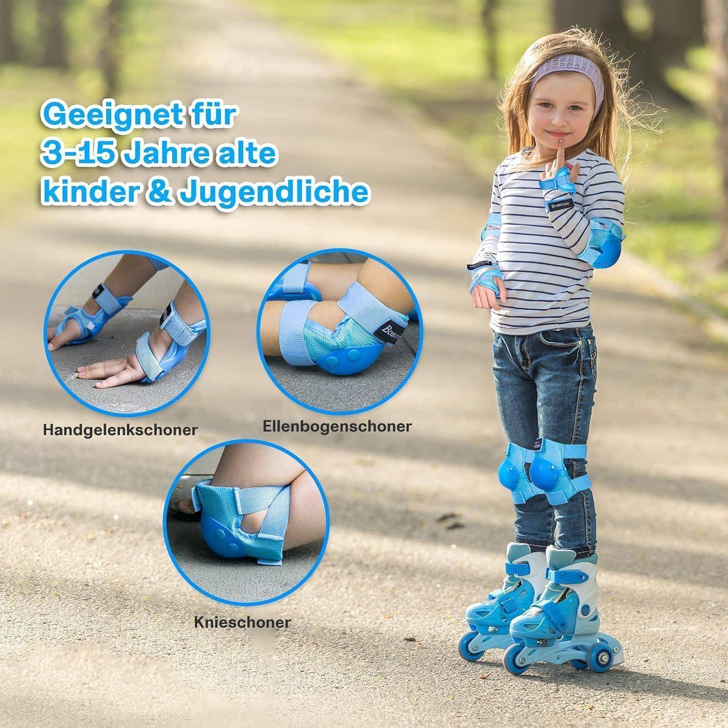 Werbeanzeige mit einem Kind in blauer Schutzausrüstung und Inlineskates, mit deutschem Text: „Geeignet für Kinder und Jugendliche im Alter von 3-15 Jahren