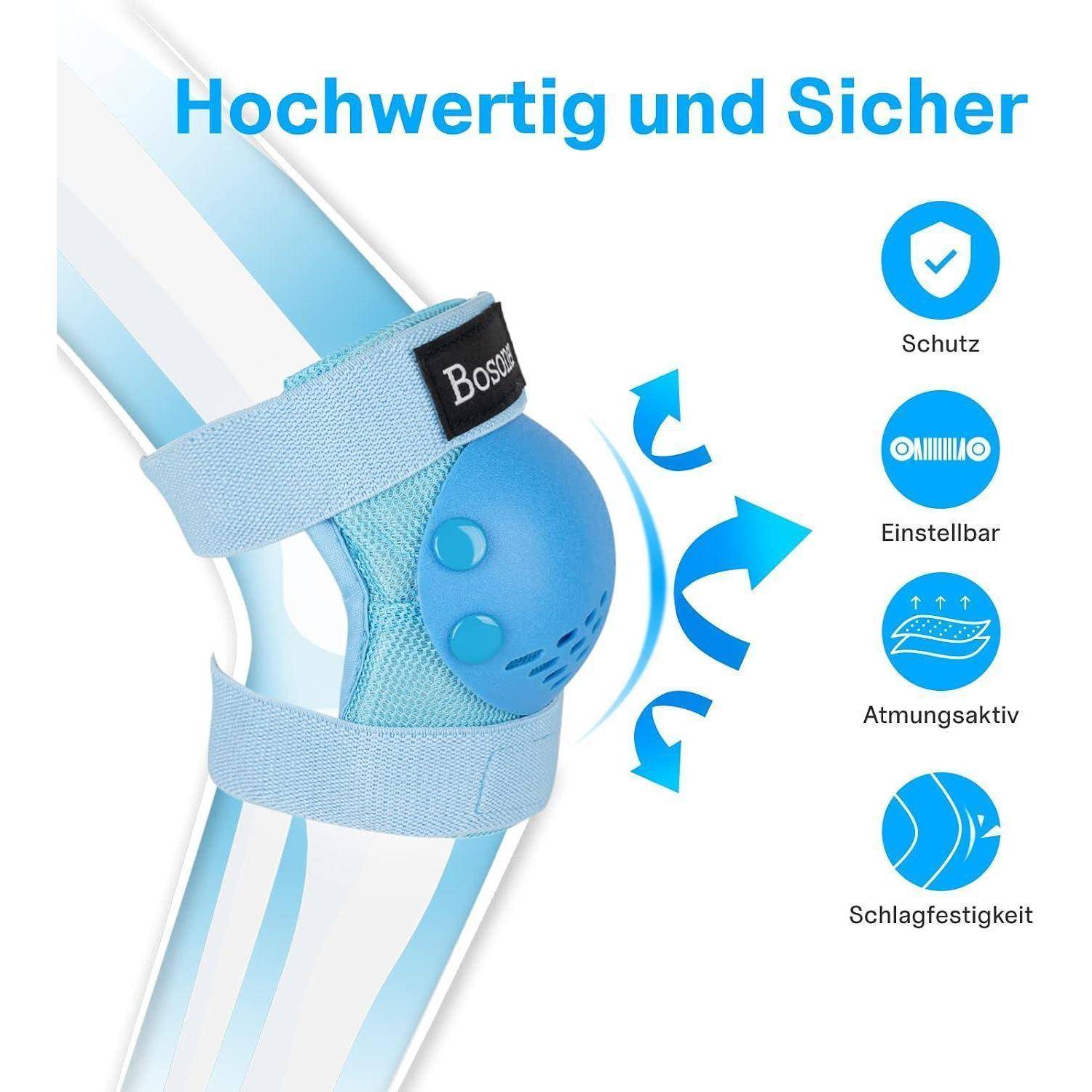 Blaue verstellbare Kniebandage mit Riemen und gepolsterter Unterstützung, mit der Bezeichnung „Hochwertig und Sicher