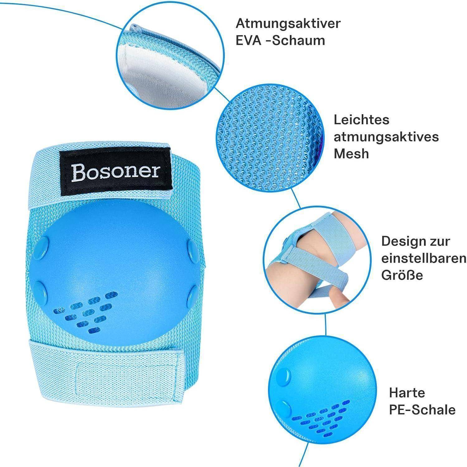 Blaue Bosoner-Kniebandage mit Mesh, EVA-Schaum, verstellbaren Riemen und harter PE-Schale, mit Beschriftungen zur Atmungsaktivität und Größenverstellung.