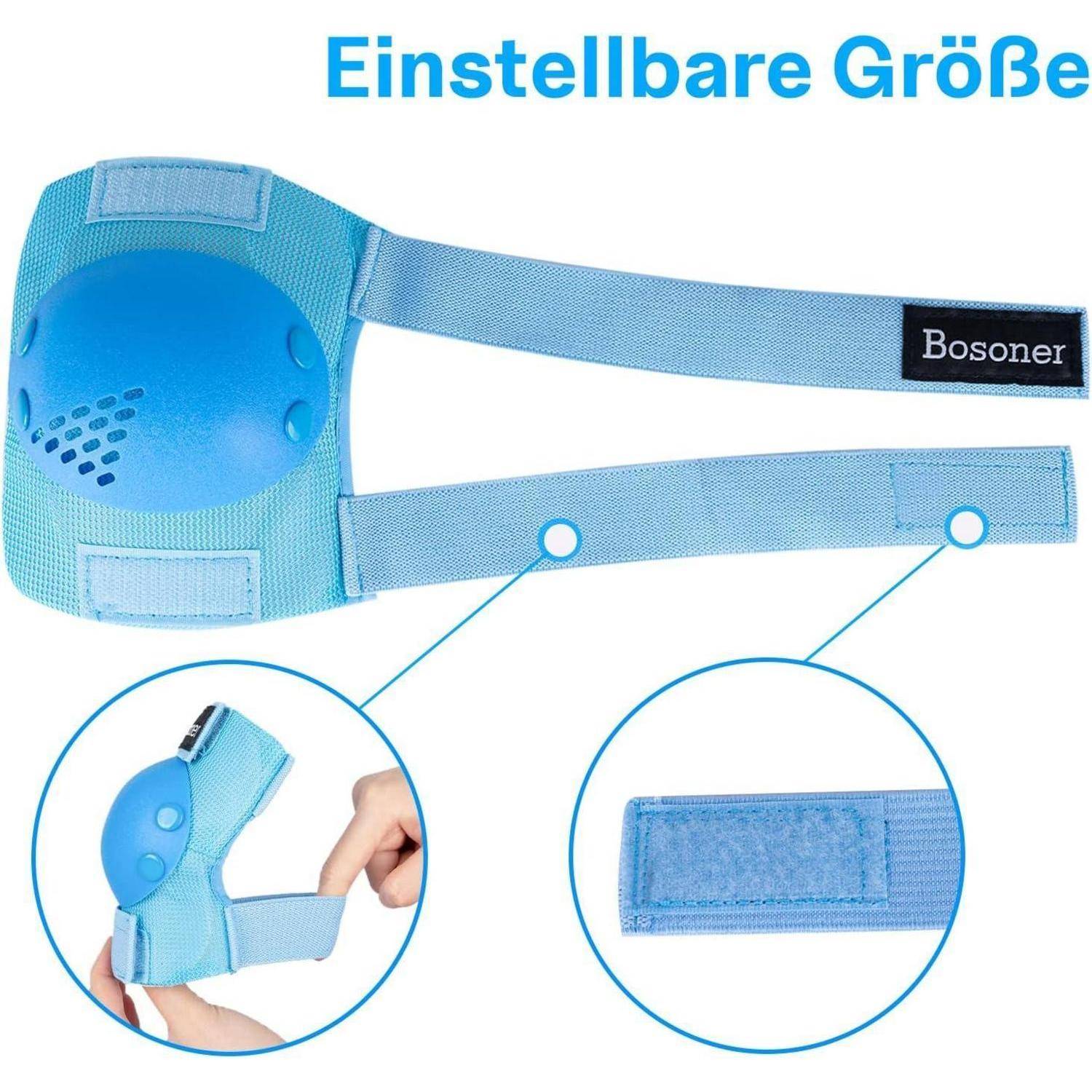 Blaue verstellbare Kniebandage mit Riemen und Klettverschluss, mit der Beschriftung „Einstellbare Größe