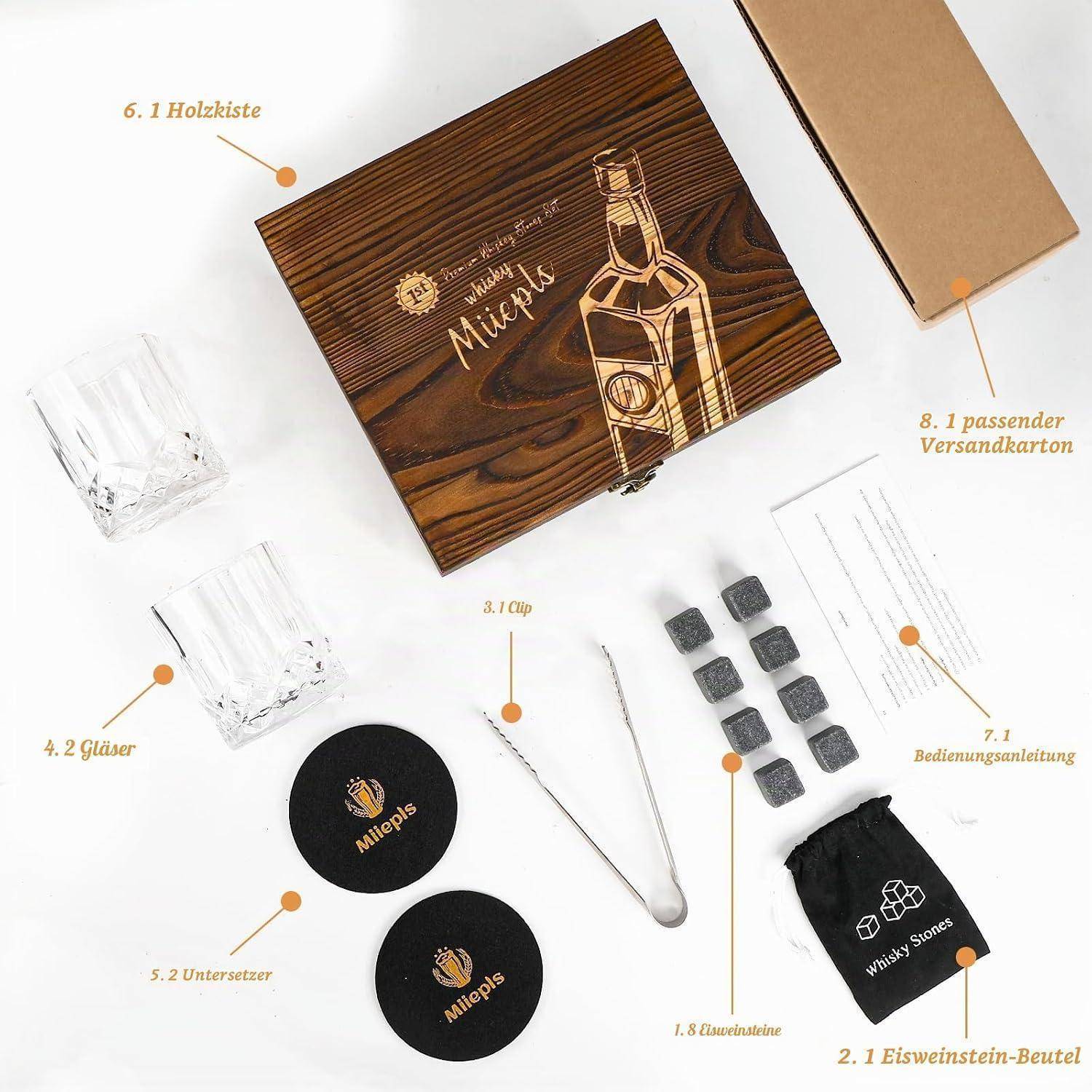 Flache Anordnung eines Whiskey-Geschenksets mit beschrifteten Teilen: Holzbox, Versandkarton, zwei Gläser, Eissteine, Clip, Anleitung, Untersetzer und Beutel.