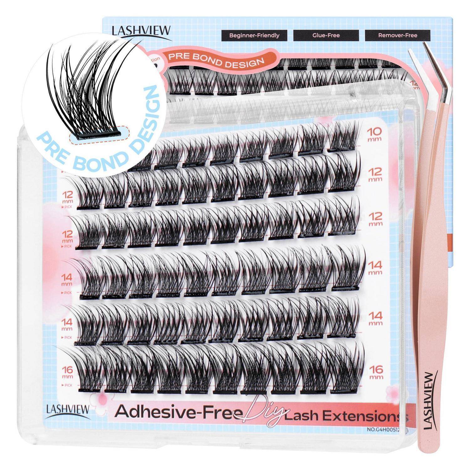 Lashview Pre-Bond Wimpernverlängerungs-Kit mit falschen Wimpern in einem transparenten Behälter, mit mehreren Wimpernstreifen beschriftet mit 10, 12, 14 und 16 mm und einem rosa Applikator-Werkzeug.
