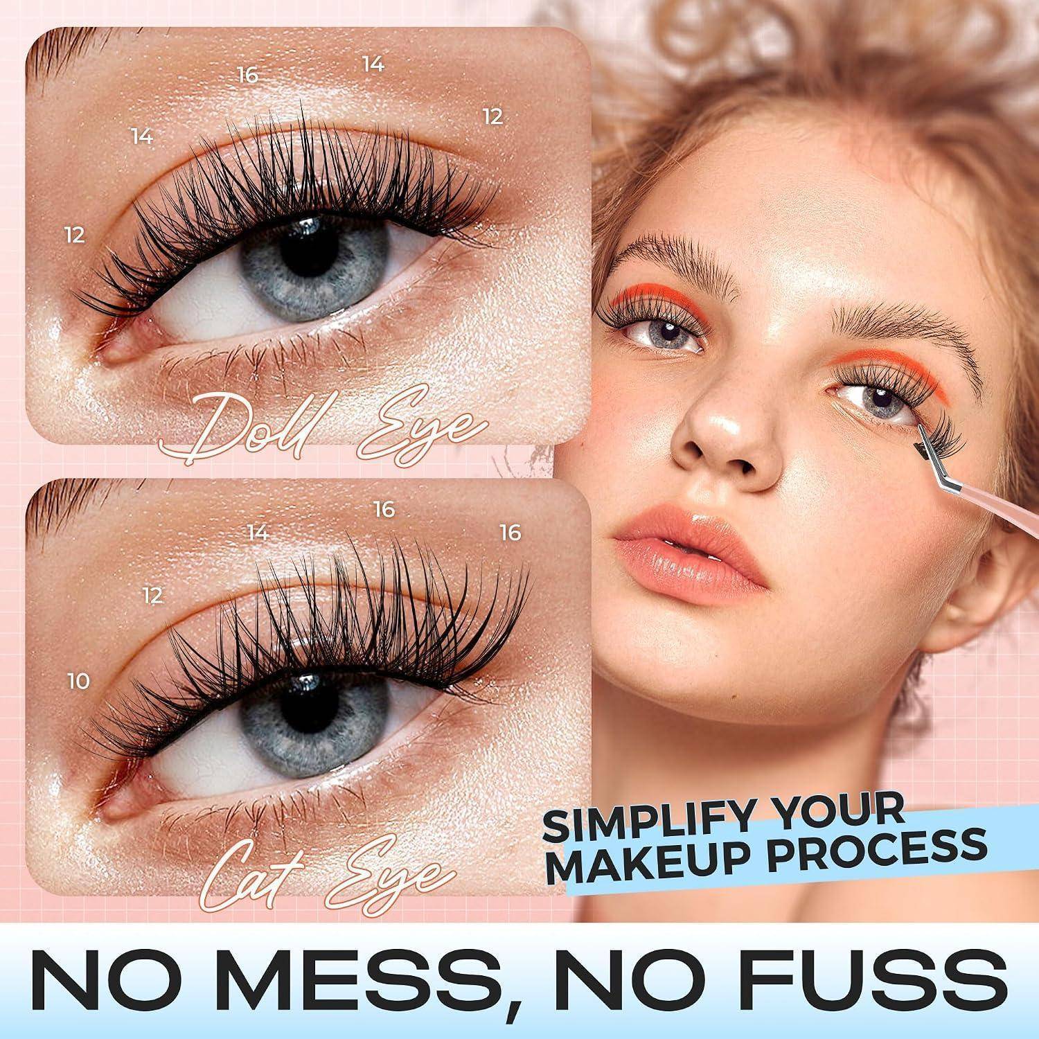 Makeup-Tutorial-Werbung zeigt eine Frau, die Mascara aufträgt mit beschrifteten Augenshape-Anleitungen für „Doll Eye