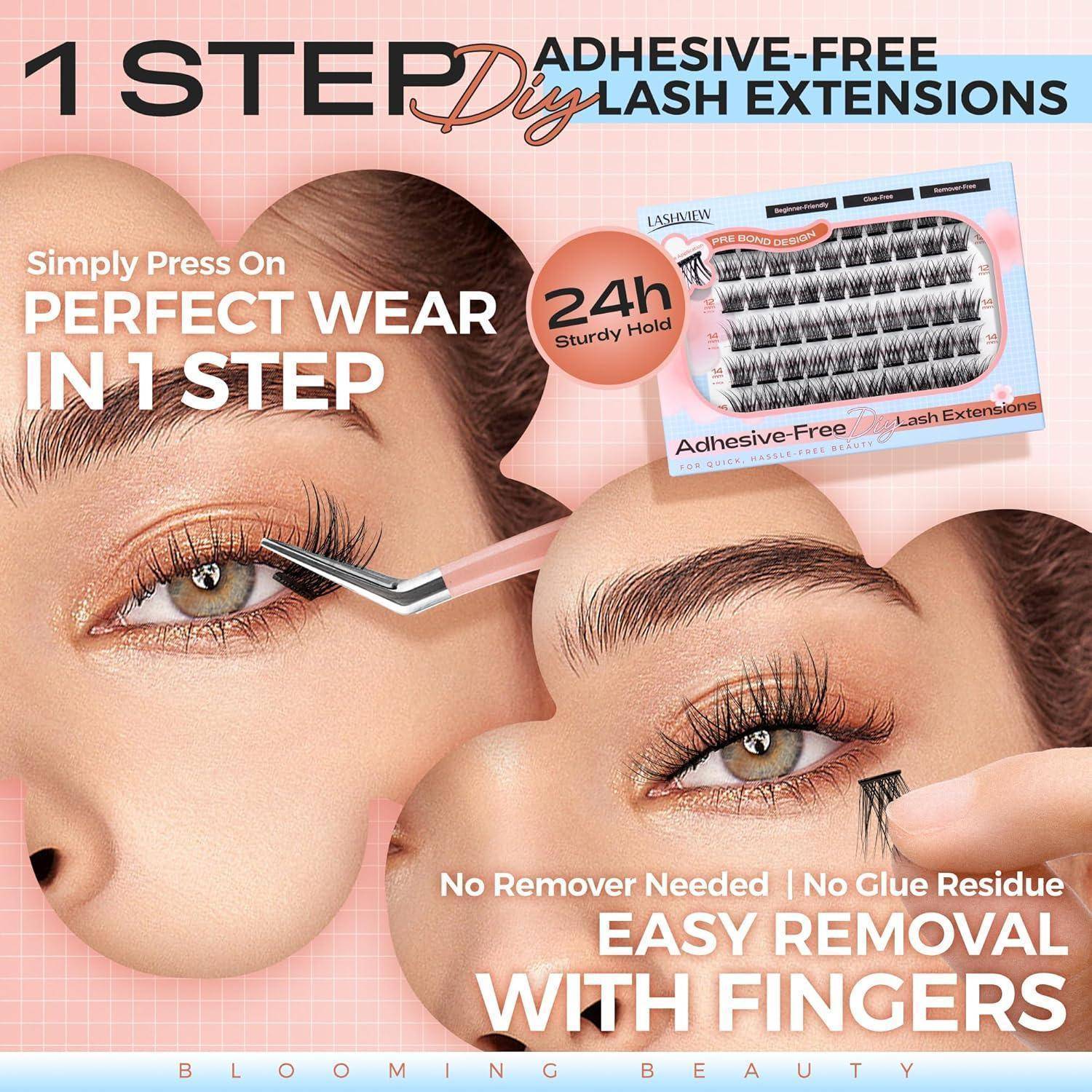 Werbeanzeige für selbstklebende Wimpernverlängerungen zum Selbermachen, mit einer Frau, die künstliche Wimpern anbringt, einer Produktschachtel und Text, der einstufiges Tragen, 24-Stunden-Haltbarkeit und einfaches Entfernen mit den Fingern bewirbt.