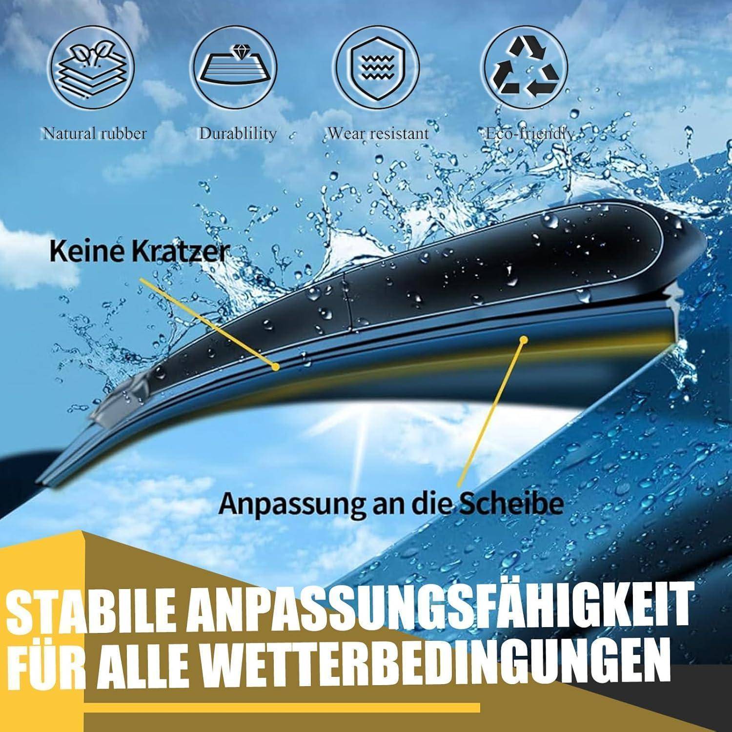 Werbegrafik eines Scheibenwischers mit den folgenden Merkmalen: Naturkautschuk, Haltbarkeit, Verschleißbeständigkeit, umweltfreundlich und sicherer Sitz bei allen Wetterbedingungen.
