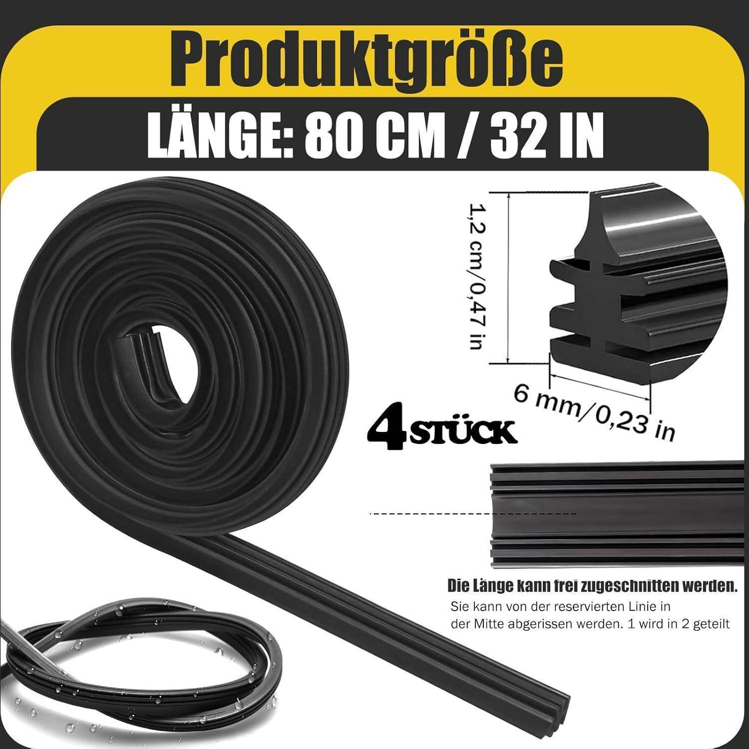 Schwarze Gummiprofilleisten, 80 cm lang, 4 Stück, mit 12 mm x 6 mm Querschnitt und Zuschneideführung.