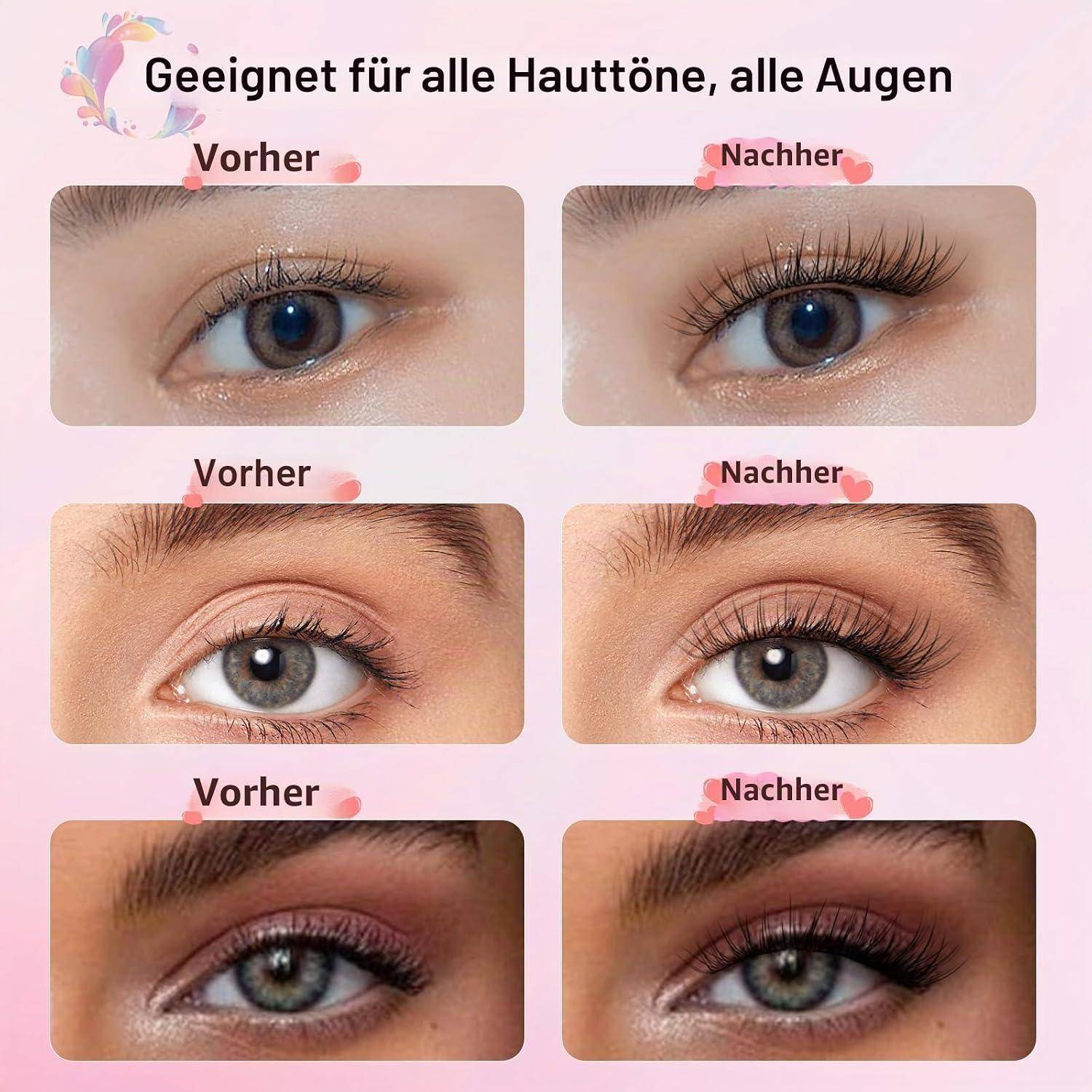 Vorher-und-Nachher-Collage mit drei Ergebnissen von Augen-Make-up, beschriftet mit „Vorher