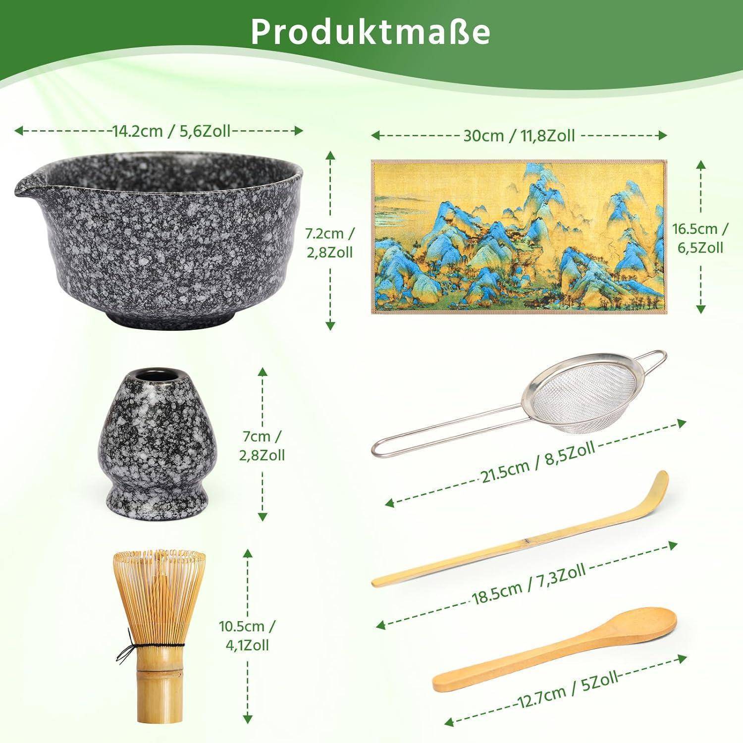 Produktdimensionen Infografik mit einer gesprenkelten Steinschale, einem Landschaftsdruck, einer kleinen Vase, einem Teesieb und zwei Bambusutensilienausweisen mit metrischen und Zollmessungen.