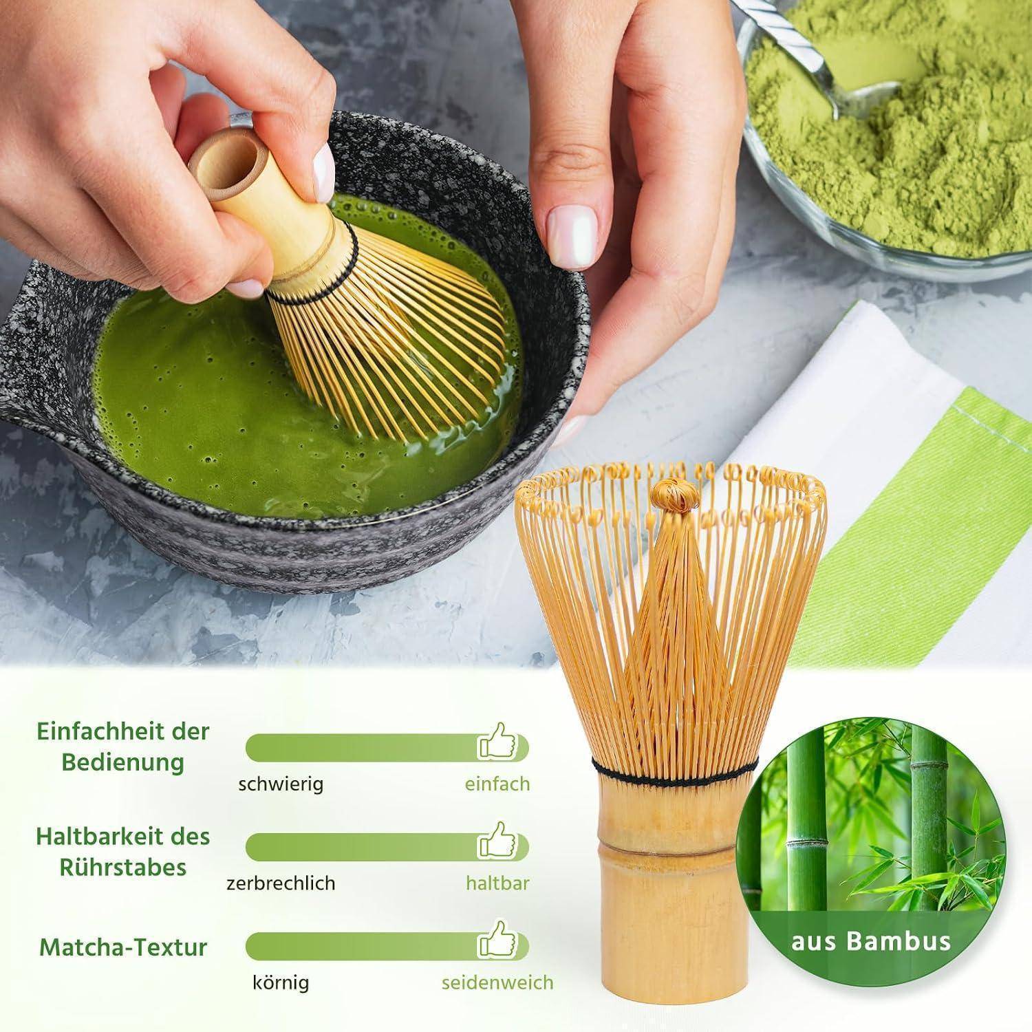 Hände schlagen Matcha in einer Schüssel; deutsche Infografik hebt einfache Anwendung, haltbaren Bambusbesen und glatte, seidige Matcha-Textur hervor.