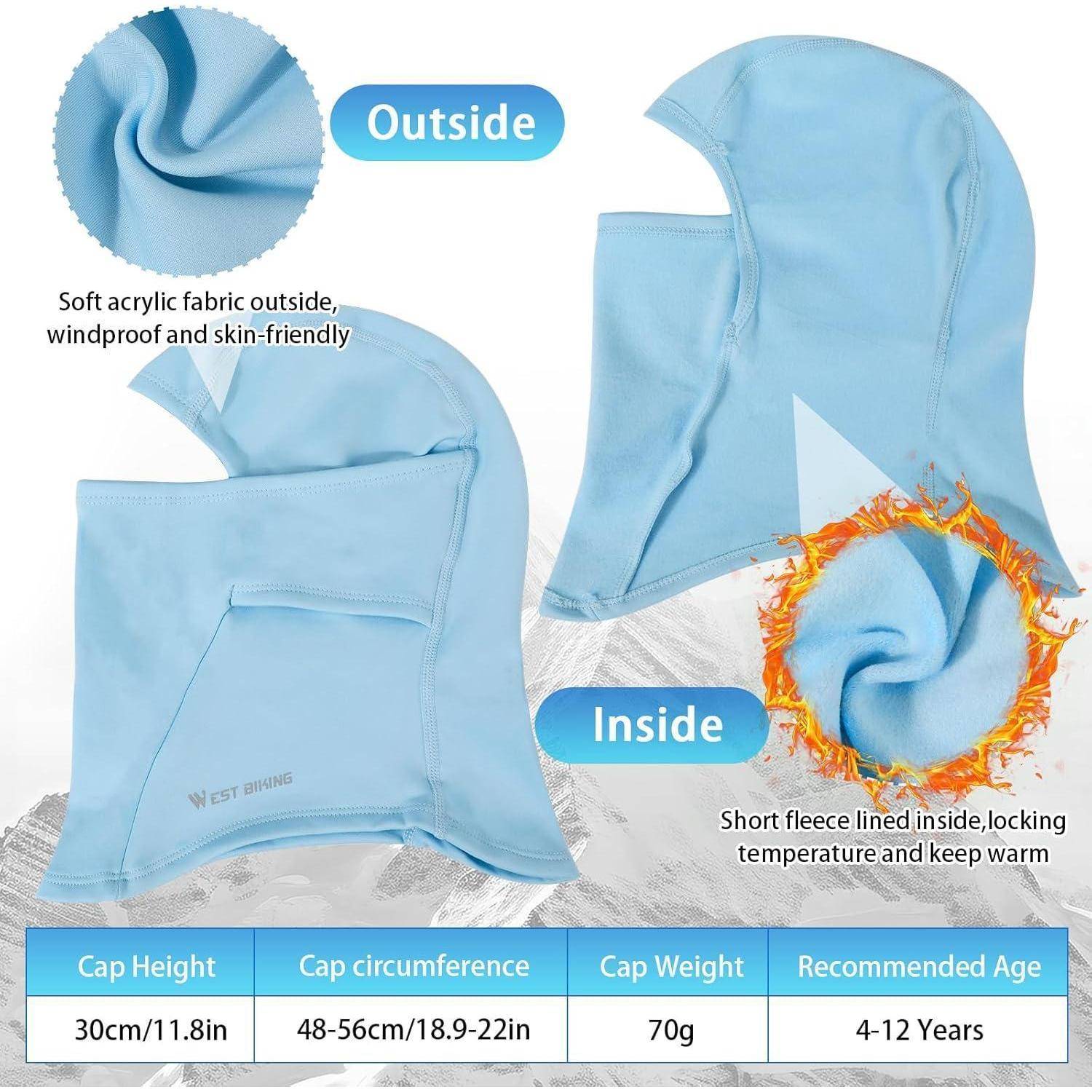 Hellblaue Kinder-Wintermütze mit Gesichtsschutz in Innen- und Außenansicht; weiches Acryl-Außenmaterial, Fleece-Futter und Größentabelle für Alter 4-12 Jahre.