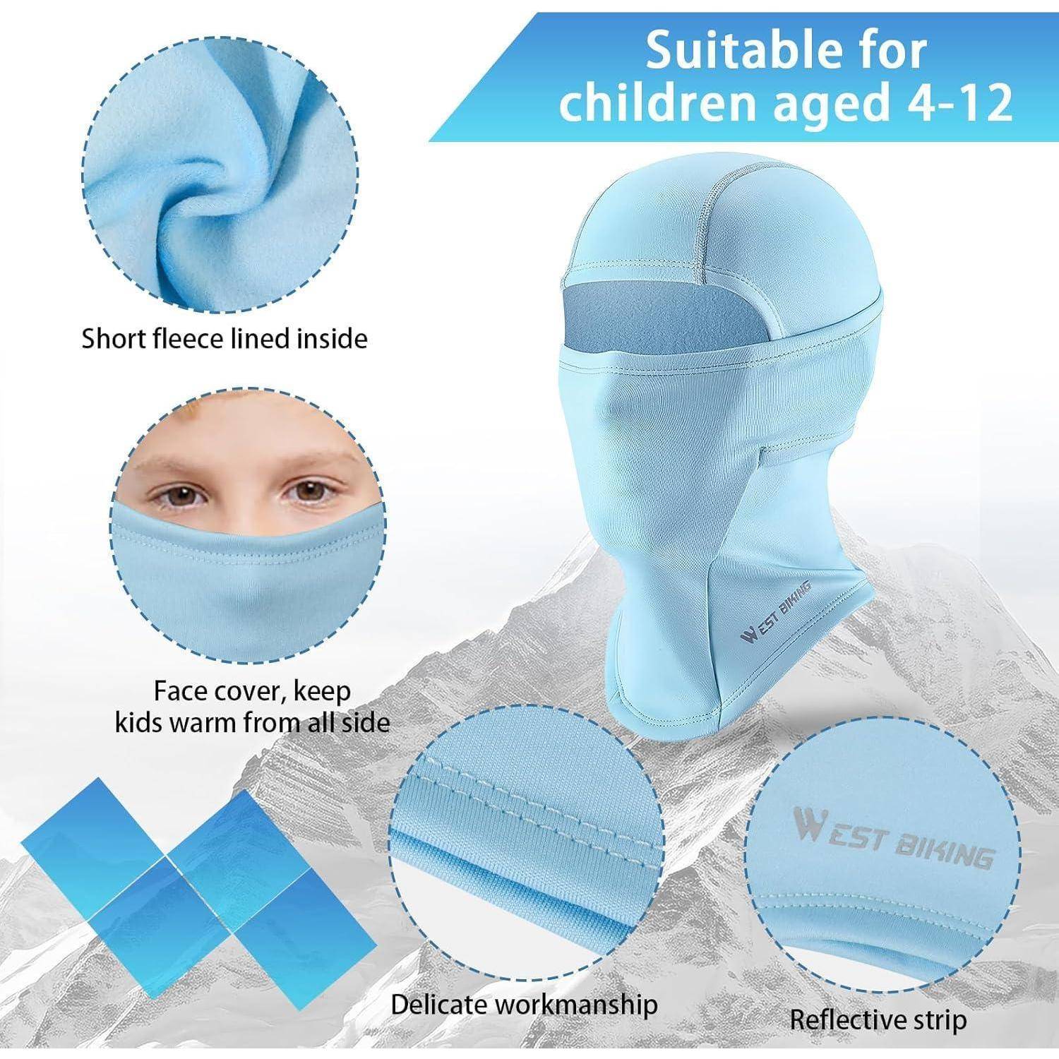 Blaue Winter-Sturmhaube für Kinder im Alter von 4-12 Jahren mit Fleece-Futter, Gesichtsabdeckung, feinen Nähten und Reflektorstreifen.