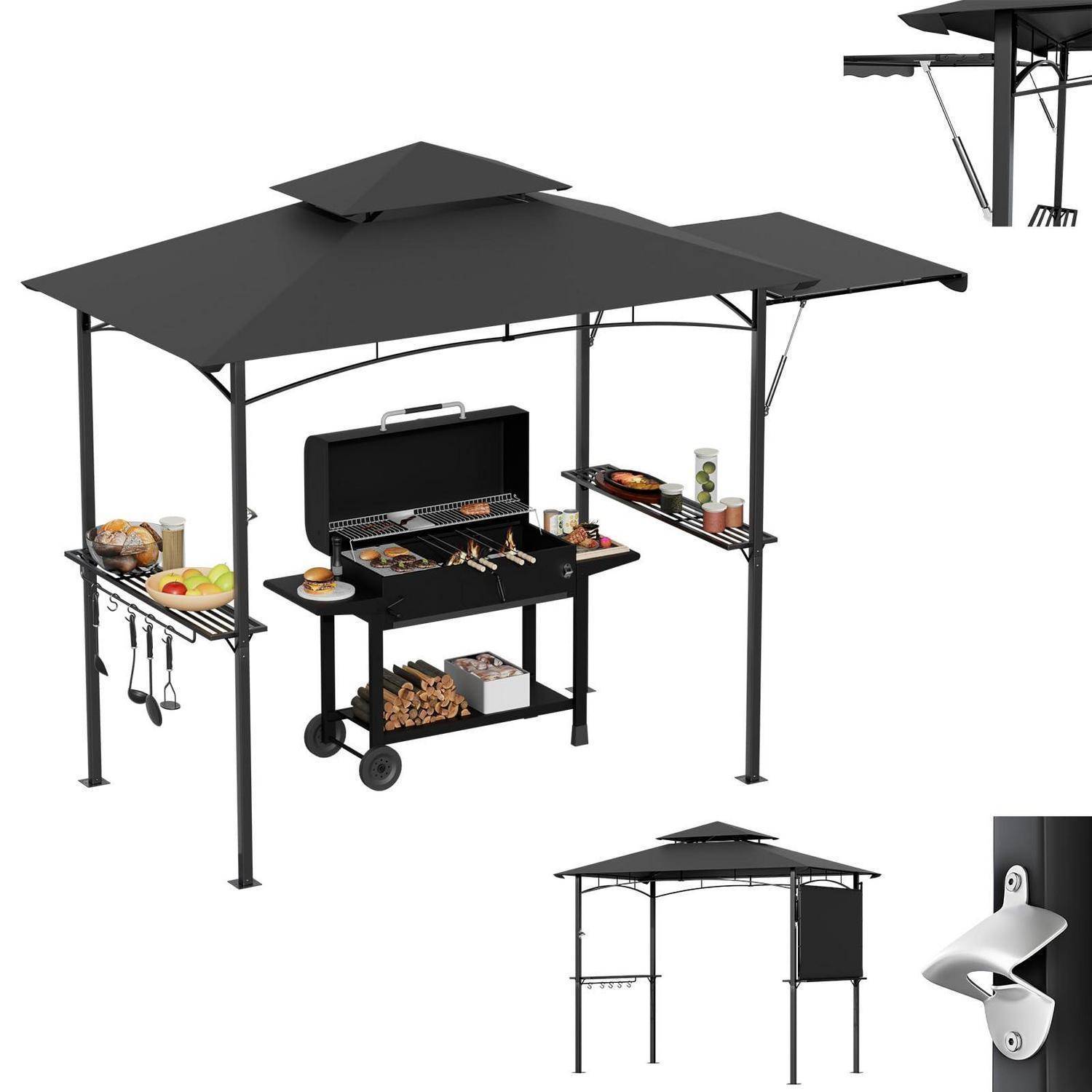 Outdoor-Grillpavillons mit Grillgrill, Seitenregalen und hängenden Utensilienhaltern; Detailansichten zeigen das Vordach und das Seitenpaneel mit Vorhang.