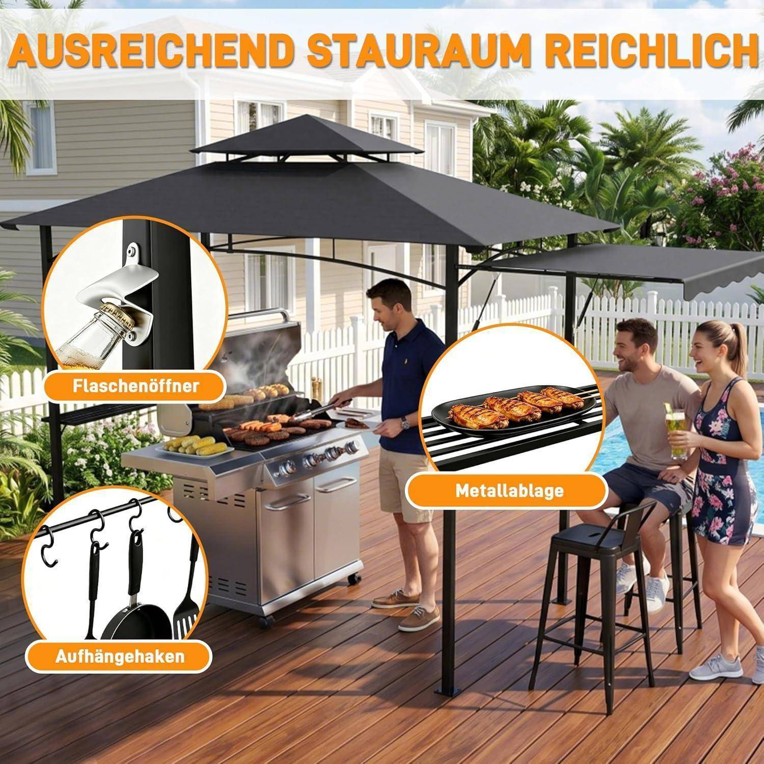 Terrassengrillszene mit großem Schirm, Menschen, die sich unterhalten, und Beschriftungen, die Funktionen hervorheben: Flaschenöffner, Hängehaken und Metalltablett.