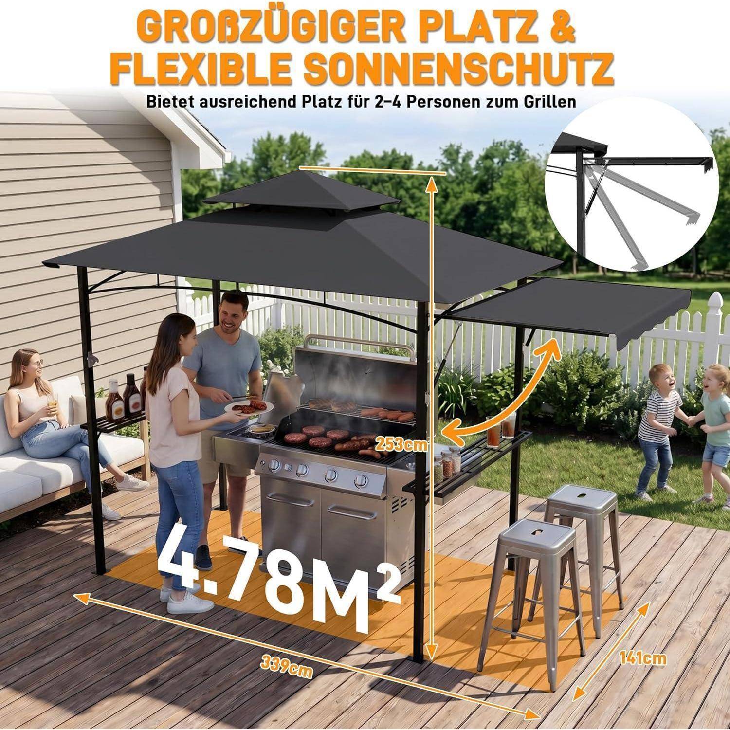 Werbeillustration einer Gartengrillüberdachung mit einem großen flexiblen Sonnenschirm-Pergola für 2–4 Personen, mit Größenangaben 4,78 m², 339 cm, 253 cm und 141 cm.