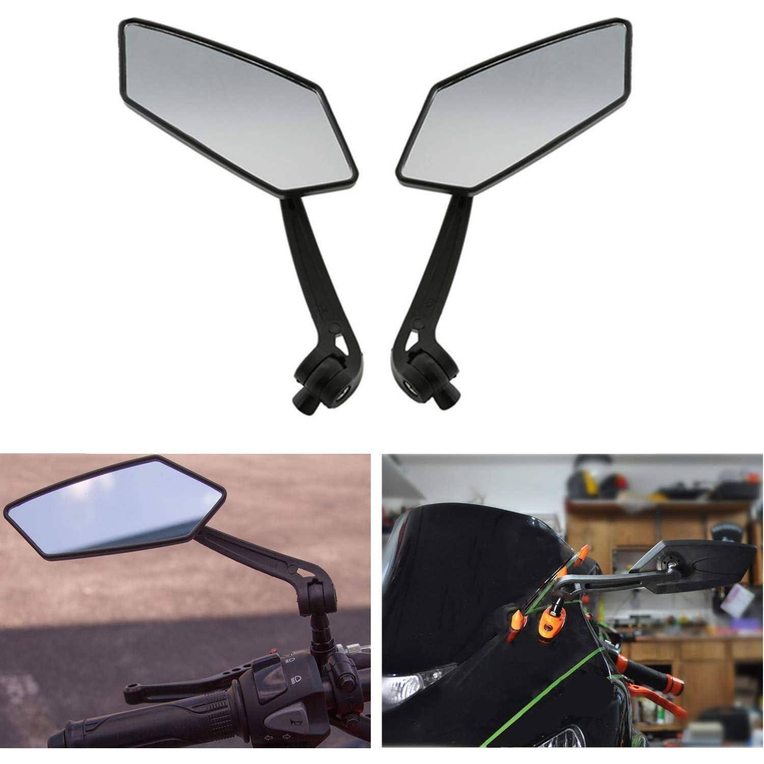 Paar schwarzer Motorrad-Lenkerstiegelspiele, einzeln gezeigt und auf einem Motorrad installiert, mit gewölbten Polyspiegeln und verstellbaren Armen.