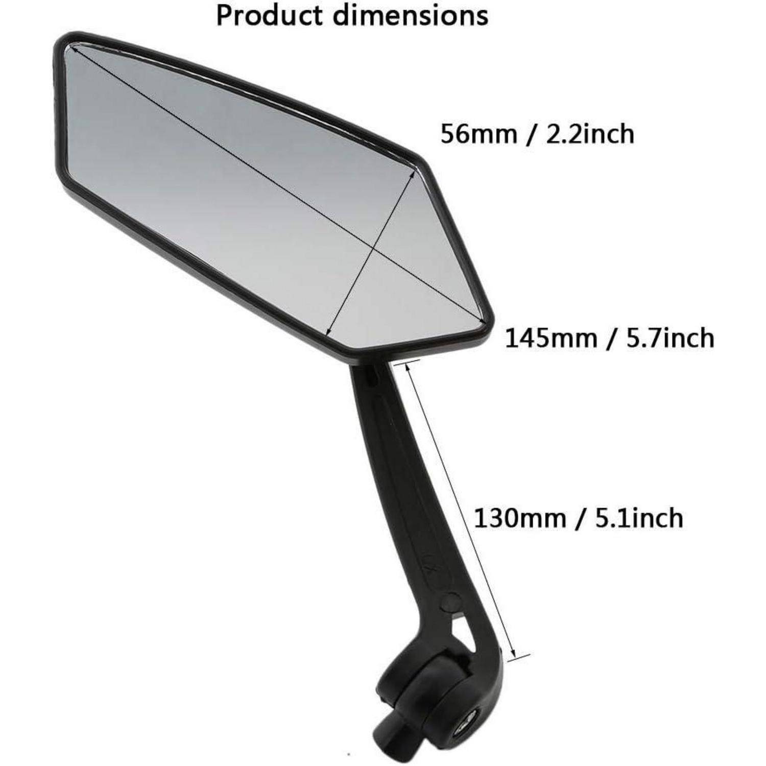 Produktabmessungen-Diagramm eines Motorrad-Außenspiegels, das Spiegelkopf 56 mm x 145 mm und Schaft 130 mm, Gesamtlänge 145 mm zeigt.