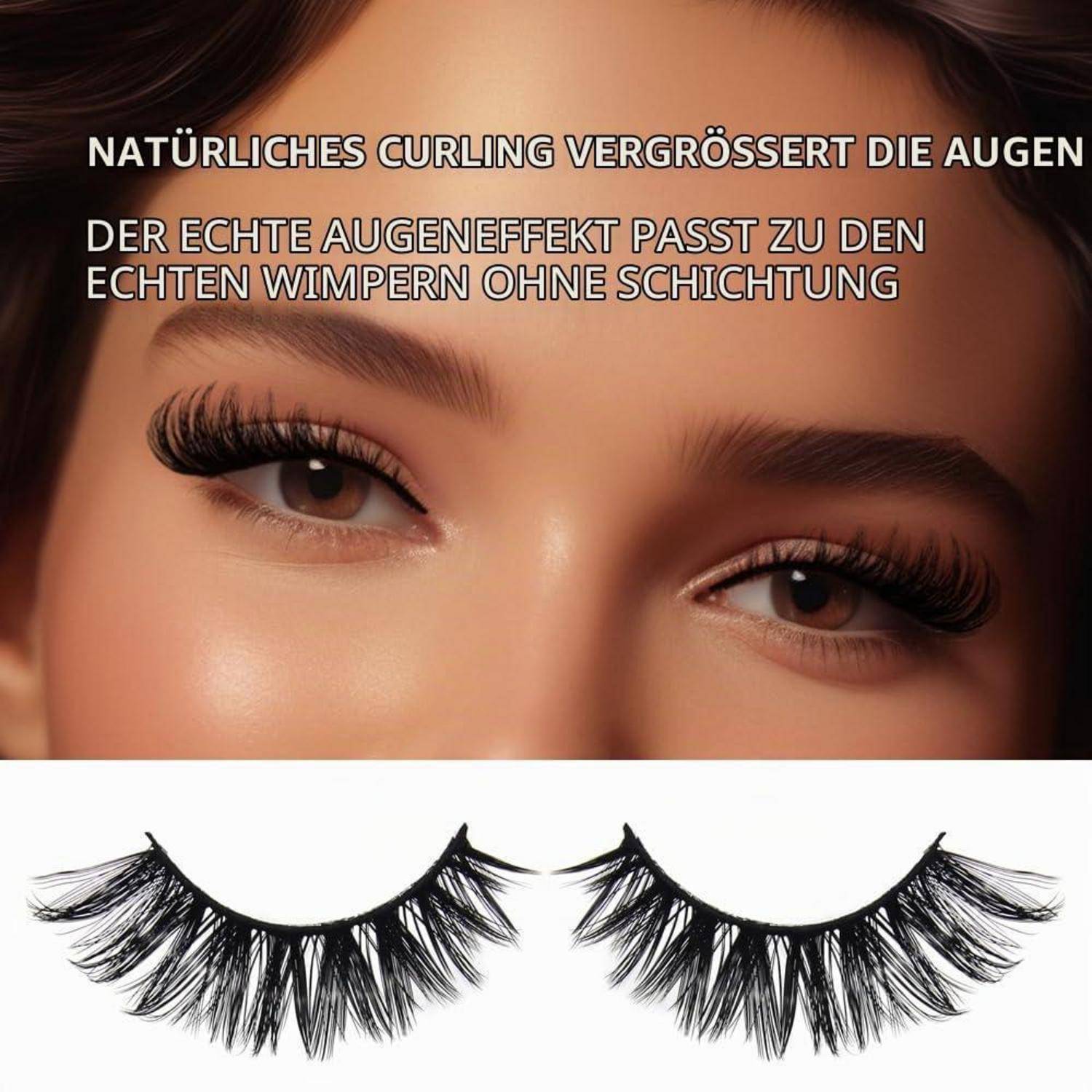Grafik mit gekrümmten künstlichen Wimpern in einer Nahaufnahme von Augen, mit deutschem Text, der einen natürlichen, das Auge verschönernden Wimperneffekt bewirbt.