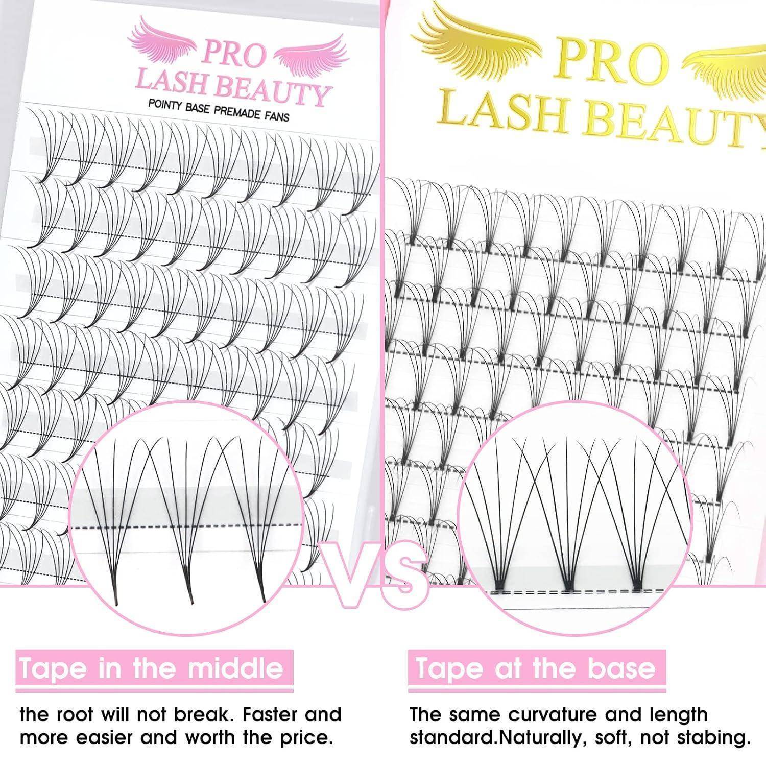 Vergleichsbild von zwei 'Pro Lash Beauty' Wimpernfächer-Tabletts: links 'Band in der Mitte' vs rechts 'Band an der Basis', das verschiedene Befestigungspunkte der Fächer und deren Auswirkung auf die Wurzelfestigkeit zeigt.