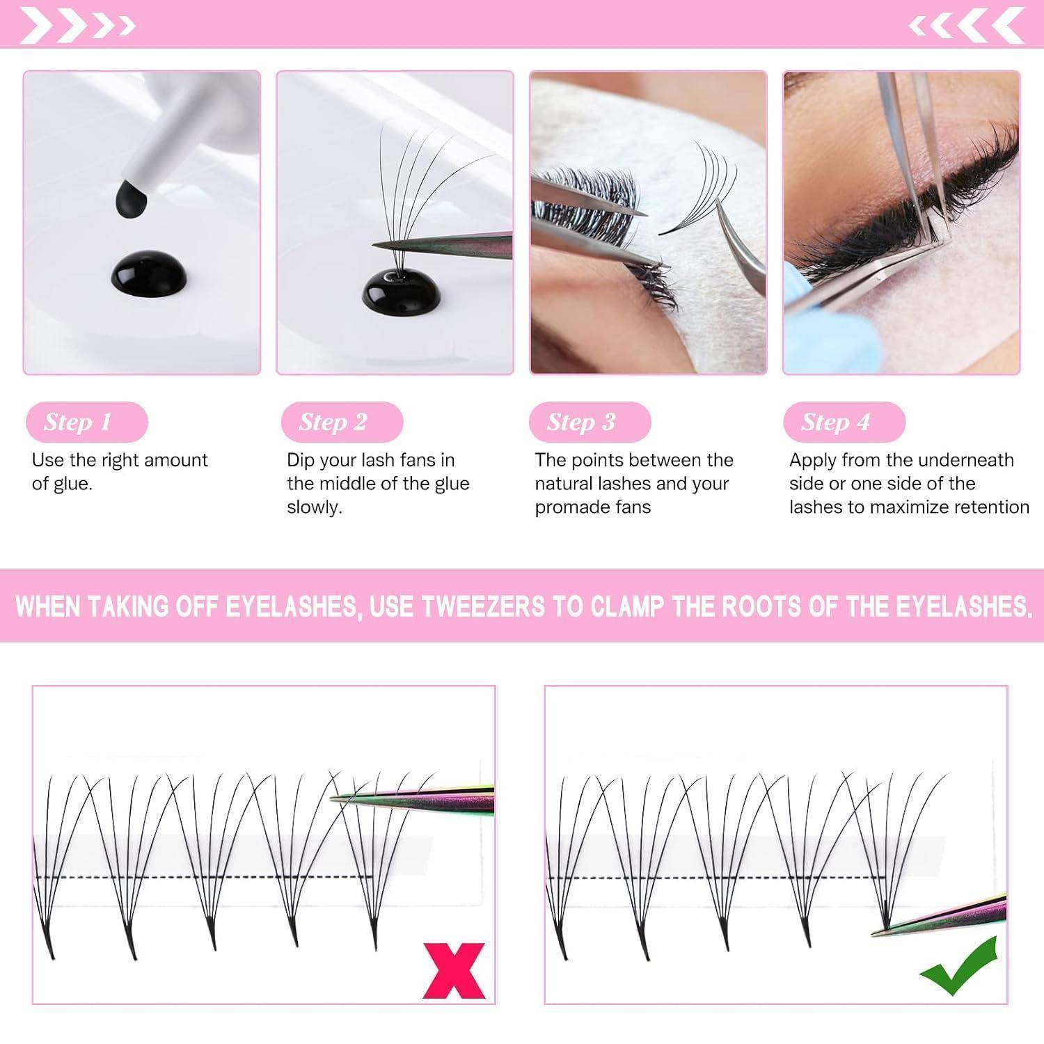 Infografik zur Anwendung von Wimpernverlängerungen mit Klebstoff und Pinzetten, sowie ein Tipp zum Entfernen von Wimpern durch Klemmen der Wurzeln mit Pinzetten, nicht der Spitzen.