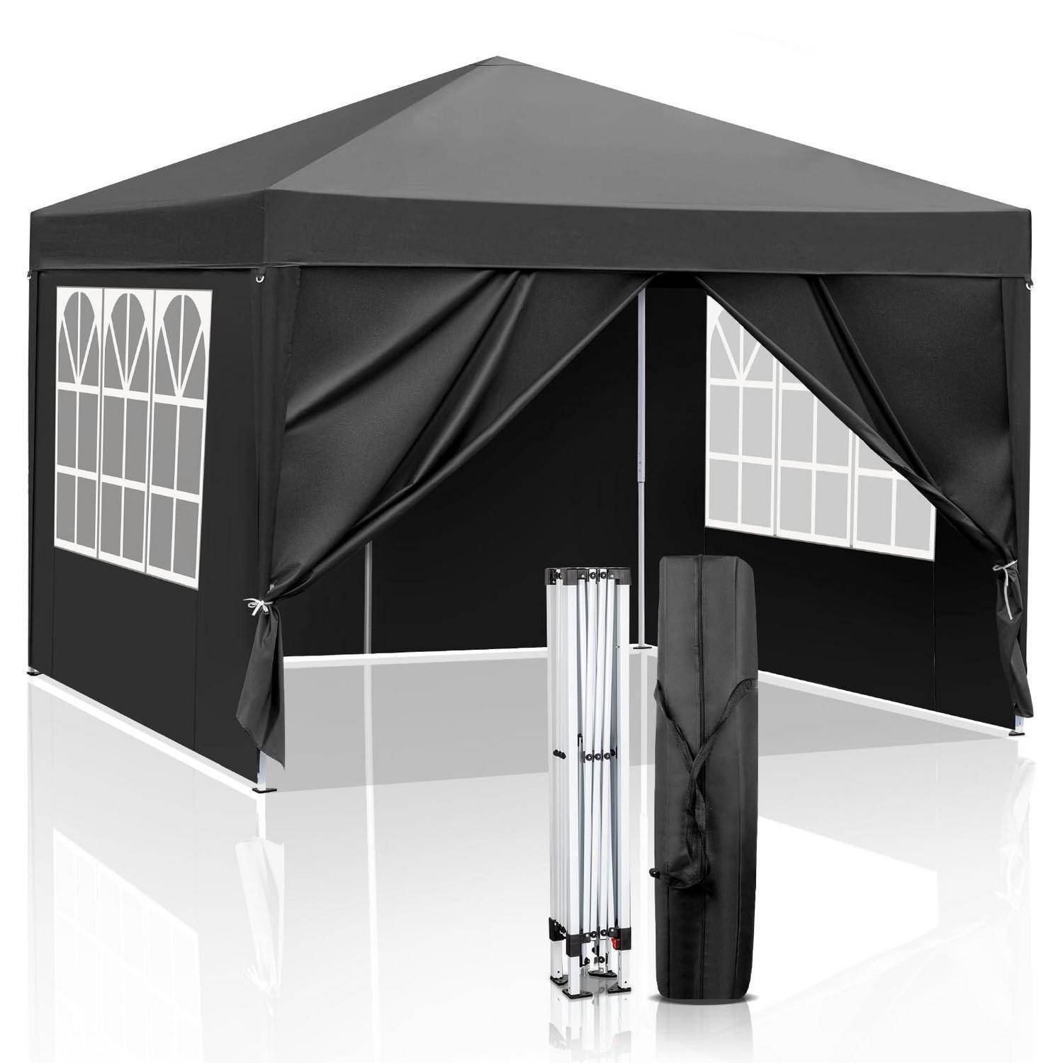 Schwarzes Pop-up-Pavillon-Zelt mit Seitenpaneelen mit Fenstern und zurückgebundenen Vorhängen, gezeigt mit eingeklapptem Gestell und Tragetasche vorne.