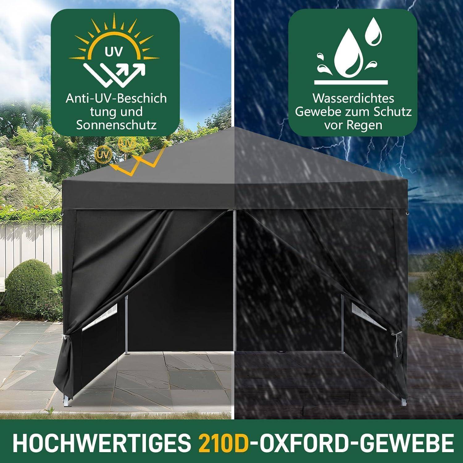 Schwarzes Pop-up-Markisenzelt, das zwischen Sonnenschutz und Regenschutz aufgeteilt ist, mit deutschen Beschriftungen für UV-Beständigkeit und wasserdichtem Stoff; '210D-Oxford-Gewebe' unten.