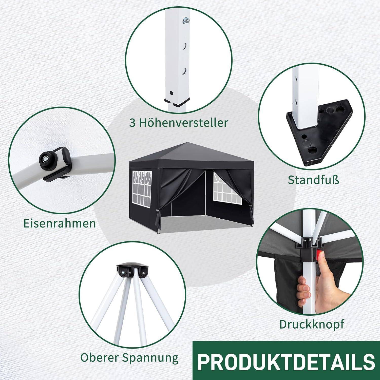 Produktdetails-Diagramm eines schwarzen Pop-Up-Baldachins, das die Hauptteile zeigt: Eisengestell, 3 Höhenverstellern, Sockelfuß, obere Spannvorrichtung und Druckknopffreigabe.