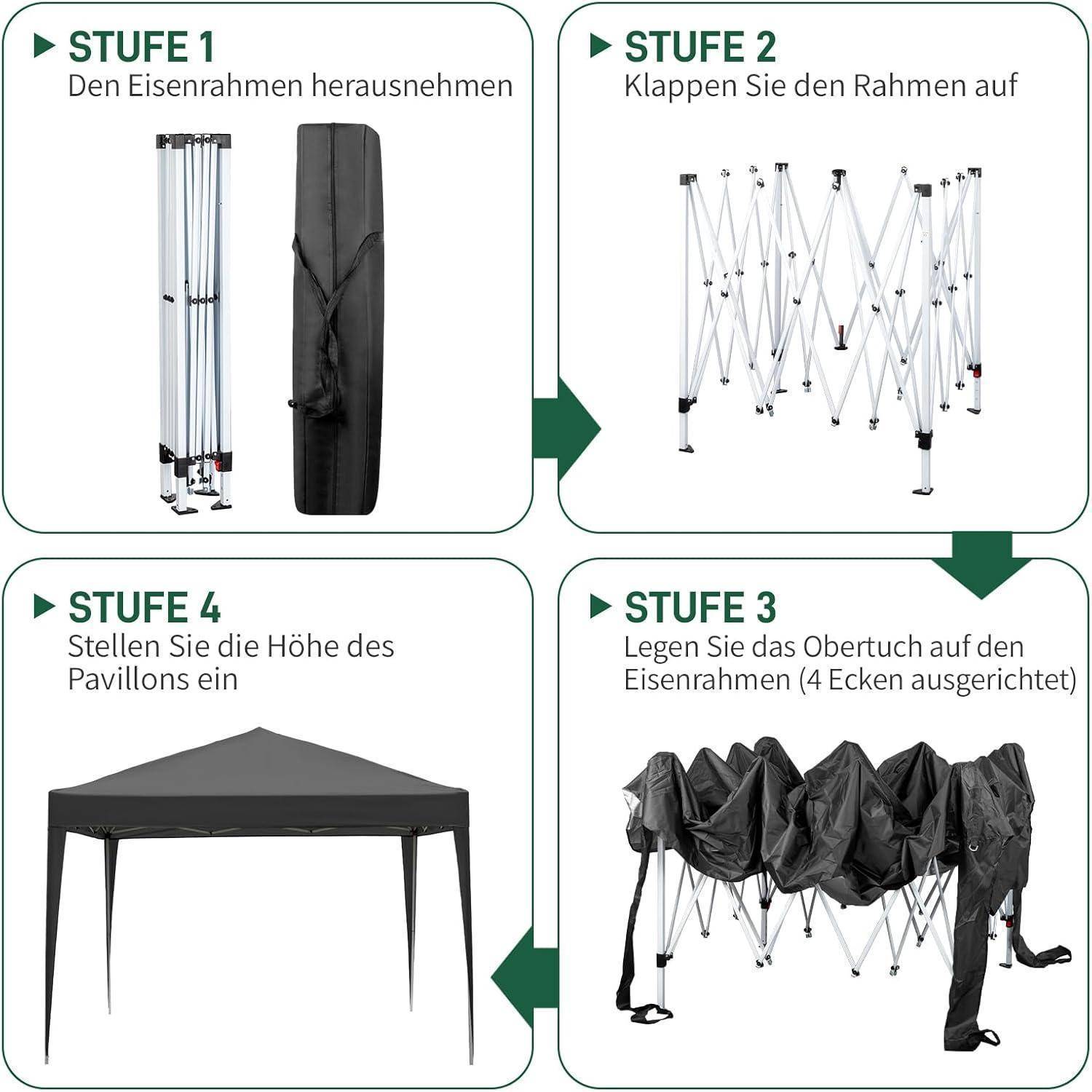 Vierschrittiger Montageleitfaden für ein Pop-up-Pavillon: Stahlrahmen entfernen, Rahmen ausklappen, Baldachin an ausgerichteten Ecken positionieren, dann Höhe anpassen.