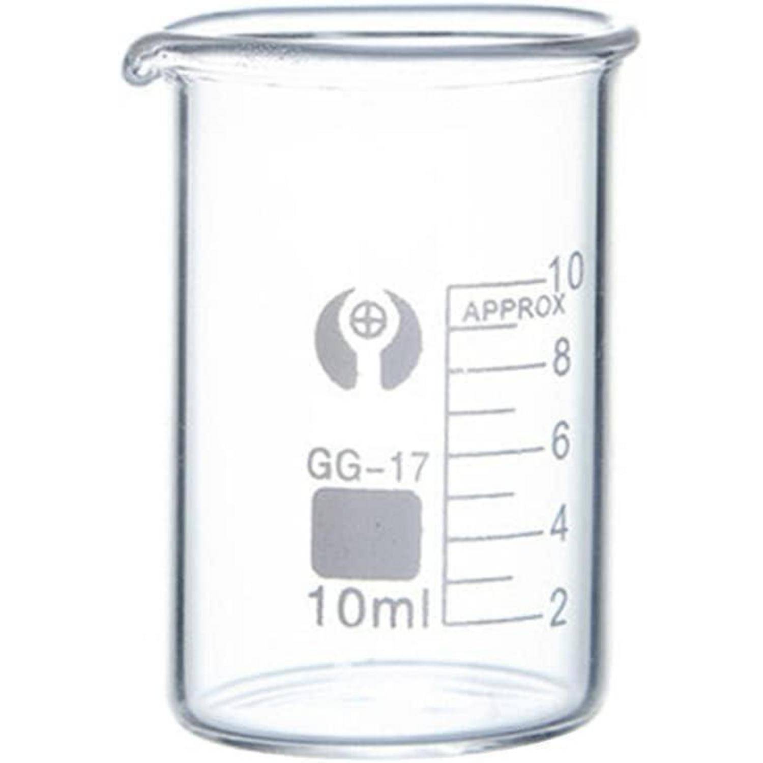 Klares 10-ml-Glaslaborbecherglas mit ungefähren Messskalen von 2 bis 10 ml und Beschriftung GG-17.