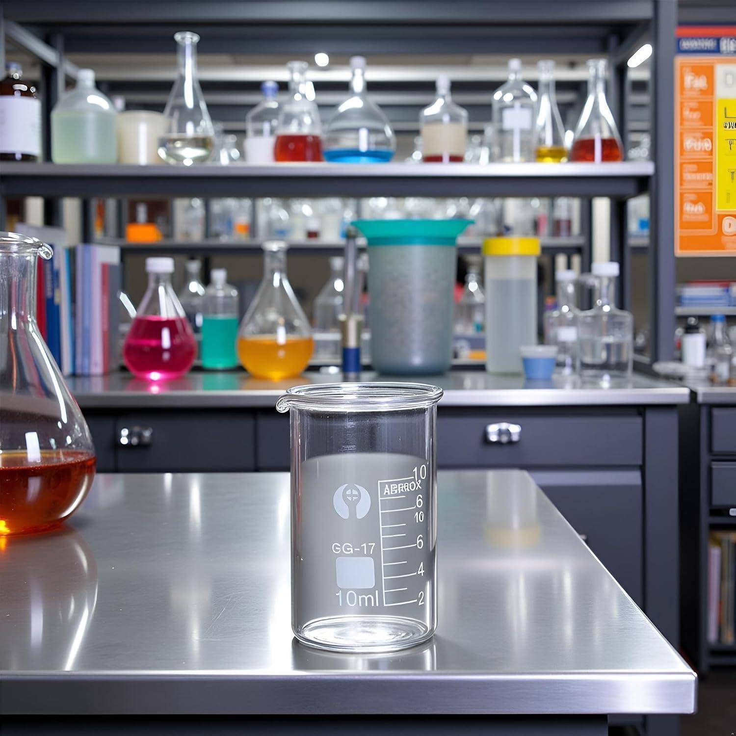 Leeres 10-ml-Glasbecher auf einer Labortischplatte mit Regalen farbiger chemischer Flaschen und Behältern im Hintergrund.