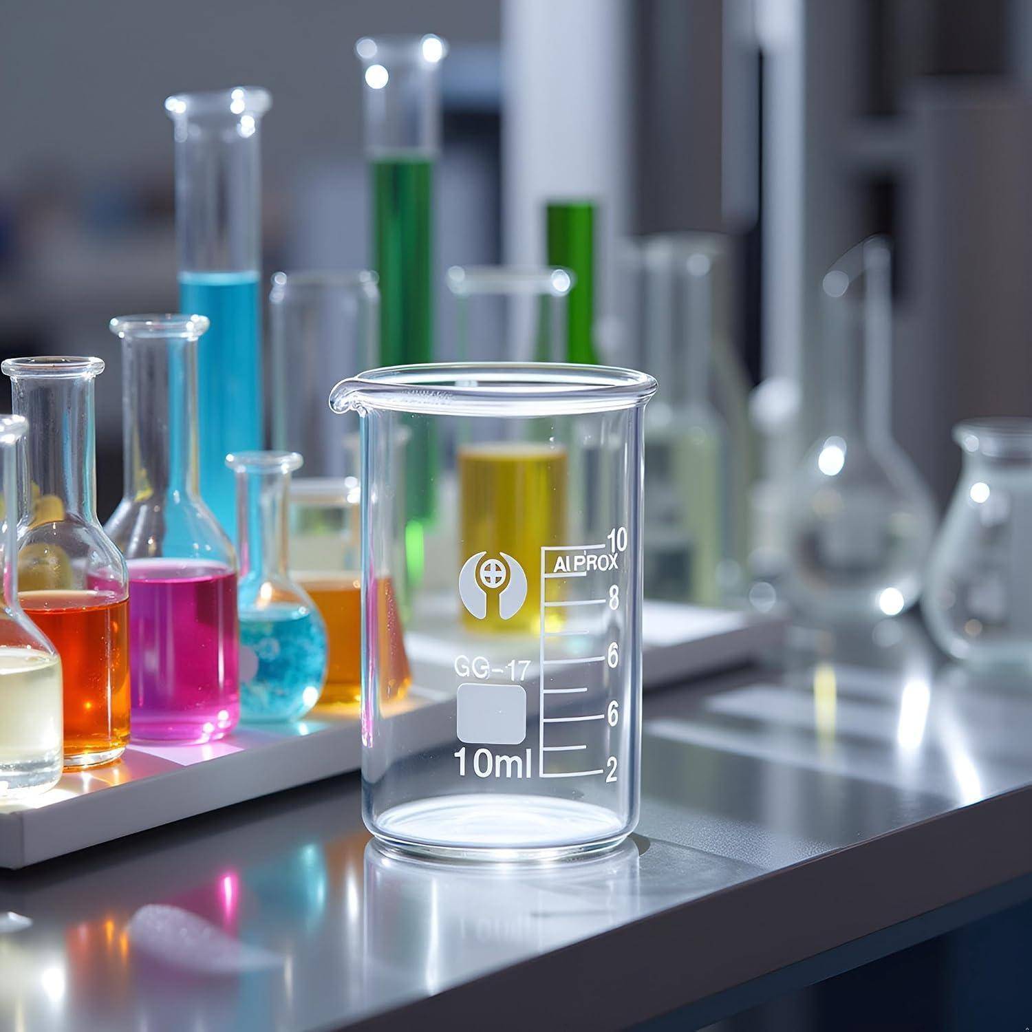 Laborglasware mit einem klaren 10-ml-Becher vorne, umgeben von bunten, flüssigkeitsgefüllten Reagenzgläsern und Kolben auf einer Labortischplatte.