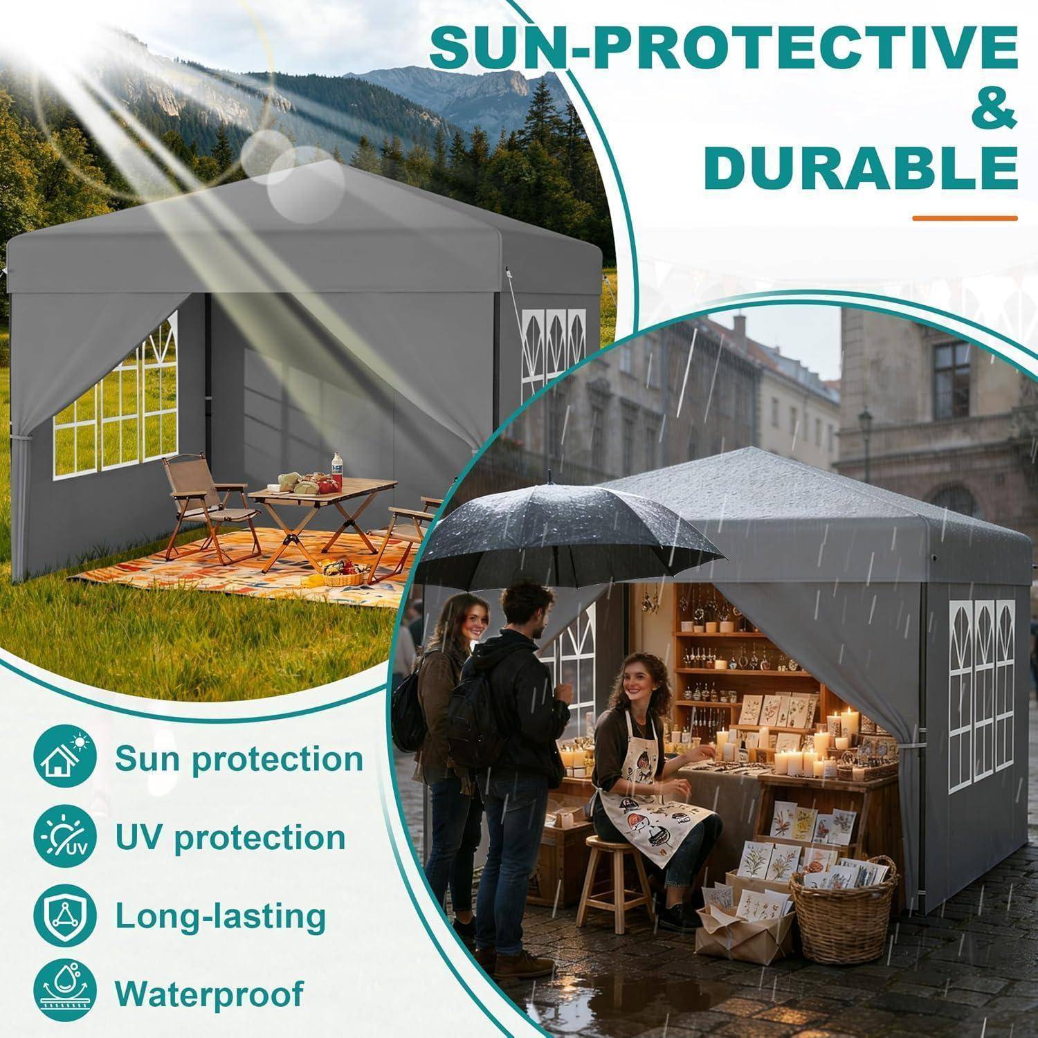 Werbebild eines grauen Outdoor-Pavillon-Zelts, das in Sonne und Regen gezeigt wird, mit der Bezeichnung „SONNENSCHUTZ & LANGLEBIG