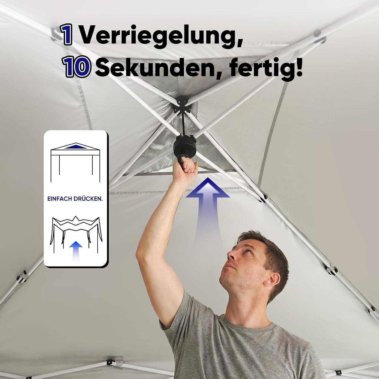 Ein Mann drückt eine Verriegelung an einem Pavillonzeltgestänge nach oben; Der deutsche Text sagt „1 Verriegelung, 10 Sekunden, fertig!" und „Einfach drücken."