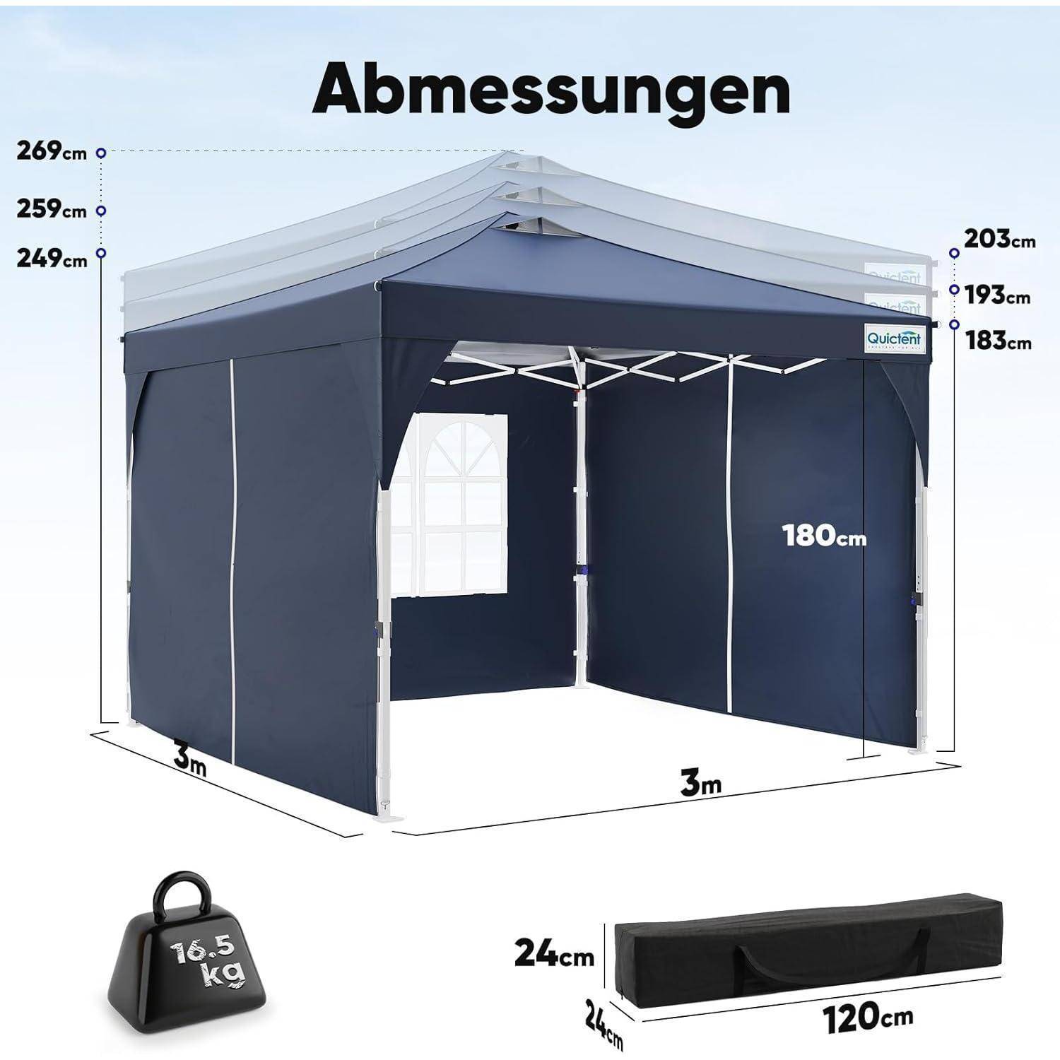 Produktdiagramm eines dunkelblau gefärbten Popup-Baldachins mit folgenden Maßen: 3 m x 3 m Grundfläche, 180 cm Öffnungshöhe und 249–269 cm Gesamthöhe, sowie 16,5 kg Gewicht und 120 cm Tragetasche.