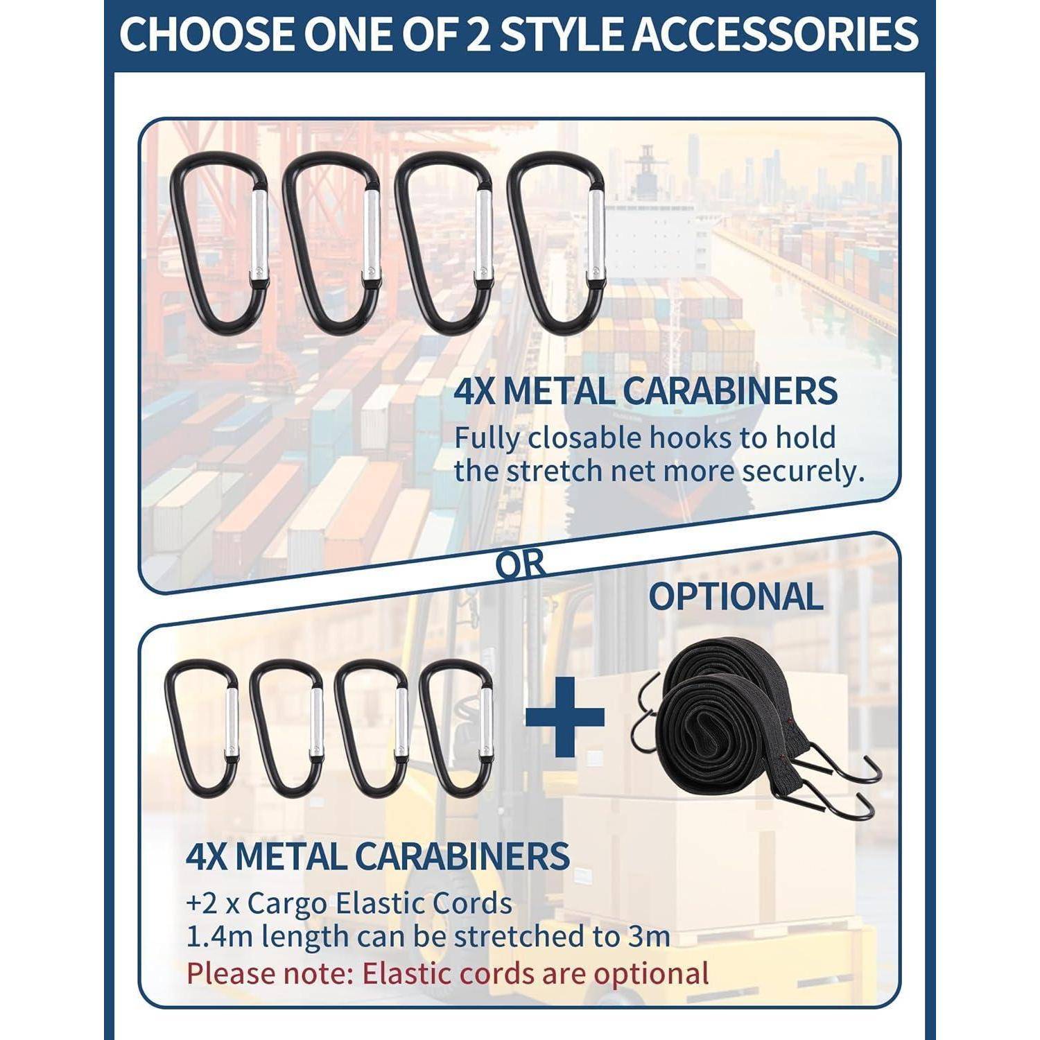 Infografik mit zwei Stilzubehör-Optionen für ein Dehnungsnetz: 4 Metallkarabiner nur, oder 4 Karabiner plus 2 optionale Ladungselastikseile.