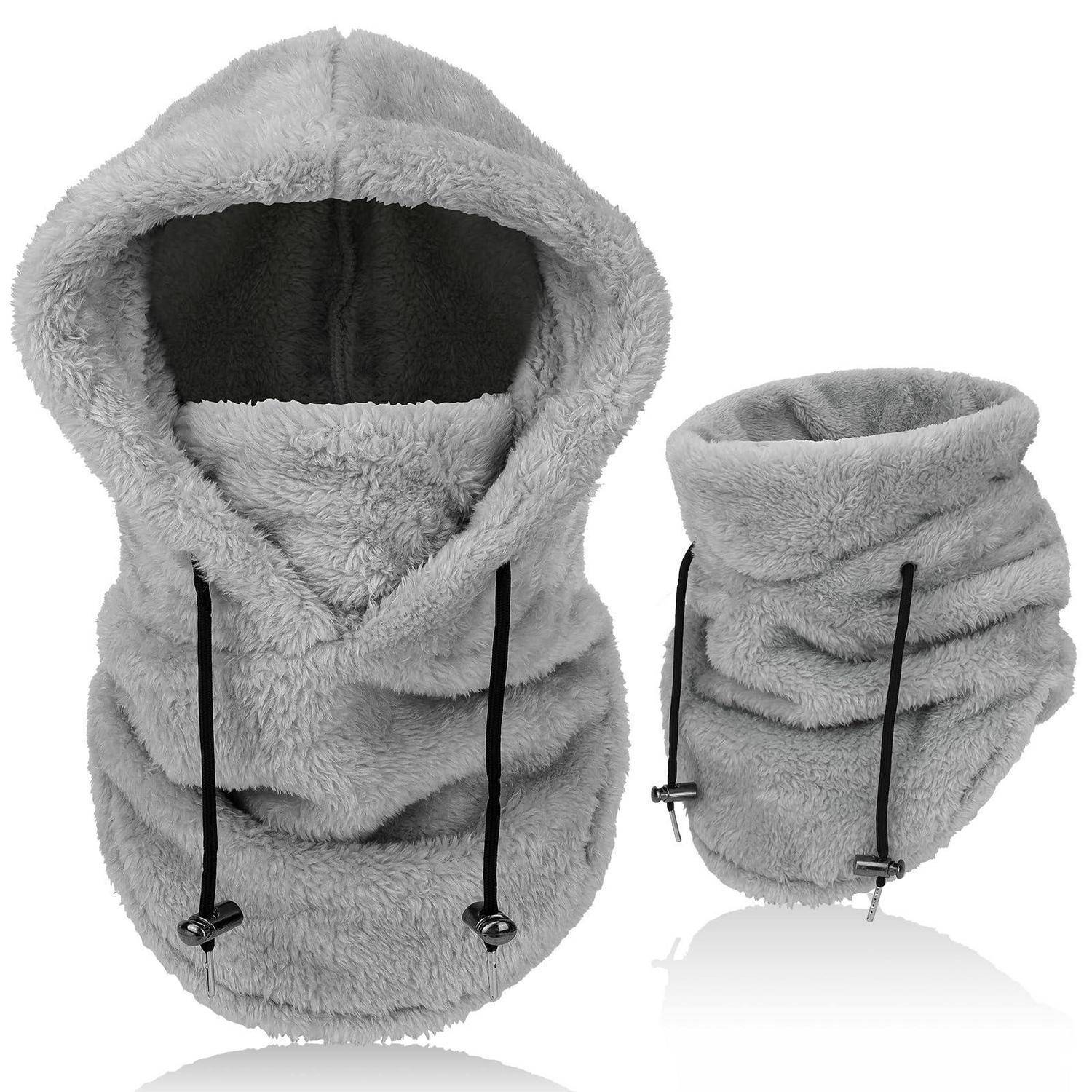 Grauer Fleece-Halswärmer mit Kapuze und schwarzen Kordelzügen, gezeigt in Vorder- und Seitenansicht auf weißem Hintergrund.
