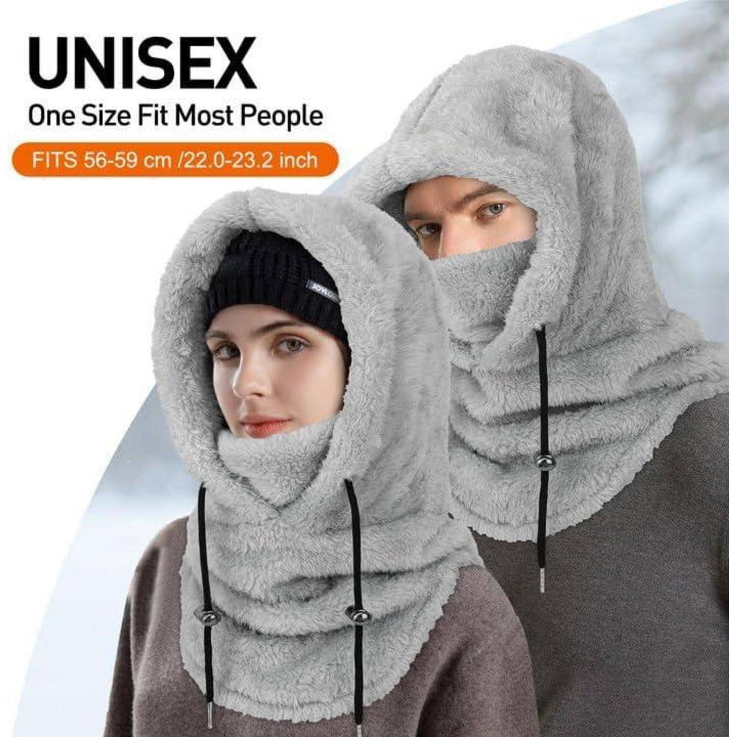 Produktbild einer Unisex-Fleece-Kopfbedeckung und Gesichtsmaske in Einheitsgröße, gezeigt an zwei Modellen; Text besagt „Passt 56-59 cm / 22,0-23,2 Zoll