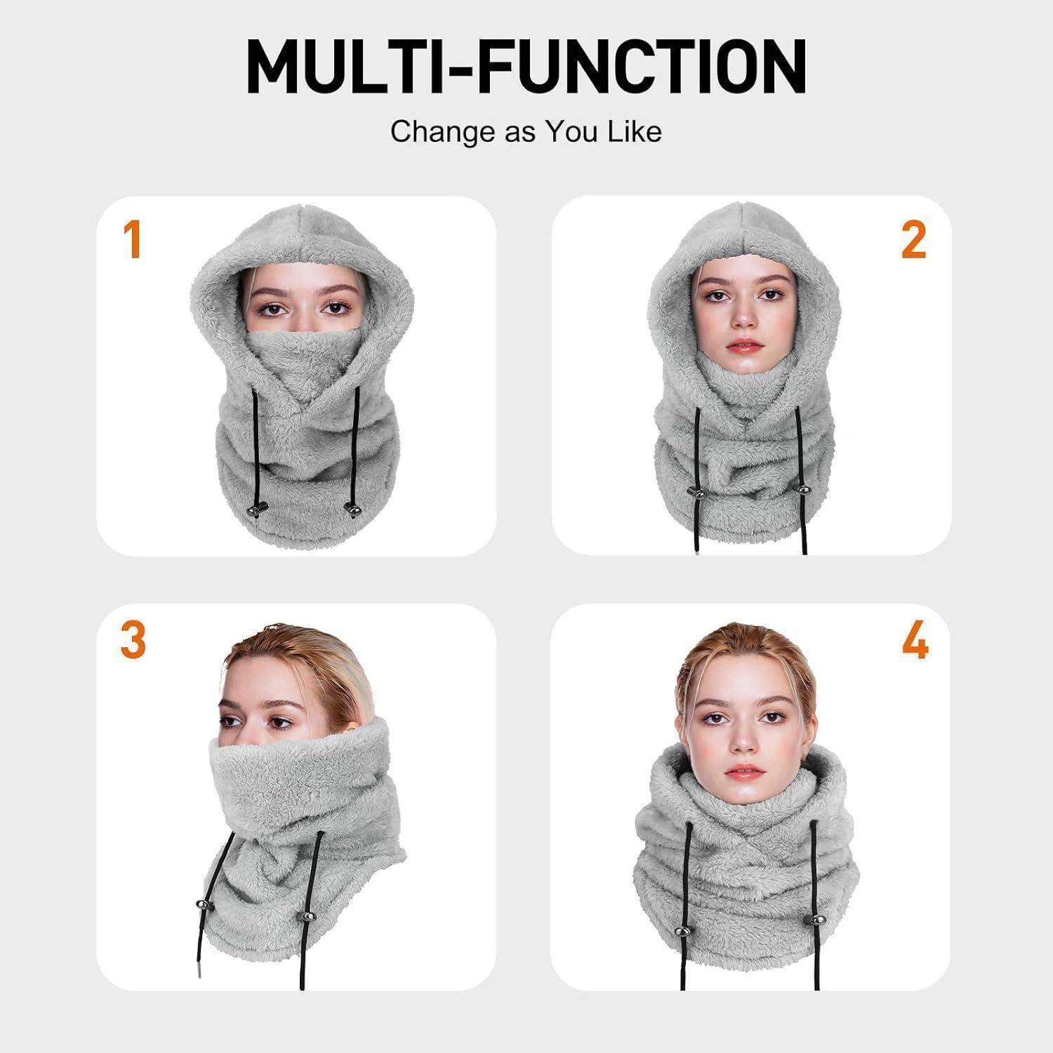 Vier Möglichkeiten, einen grauen Multifunktions-Schlauchschal mit Kapuze zu tragen, gezeigt an einem Modell mit Gesichtsbedeckung, Kapuzen- und Wickelvariationen.
