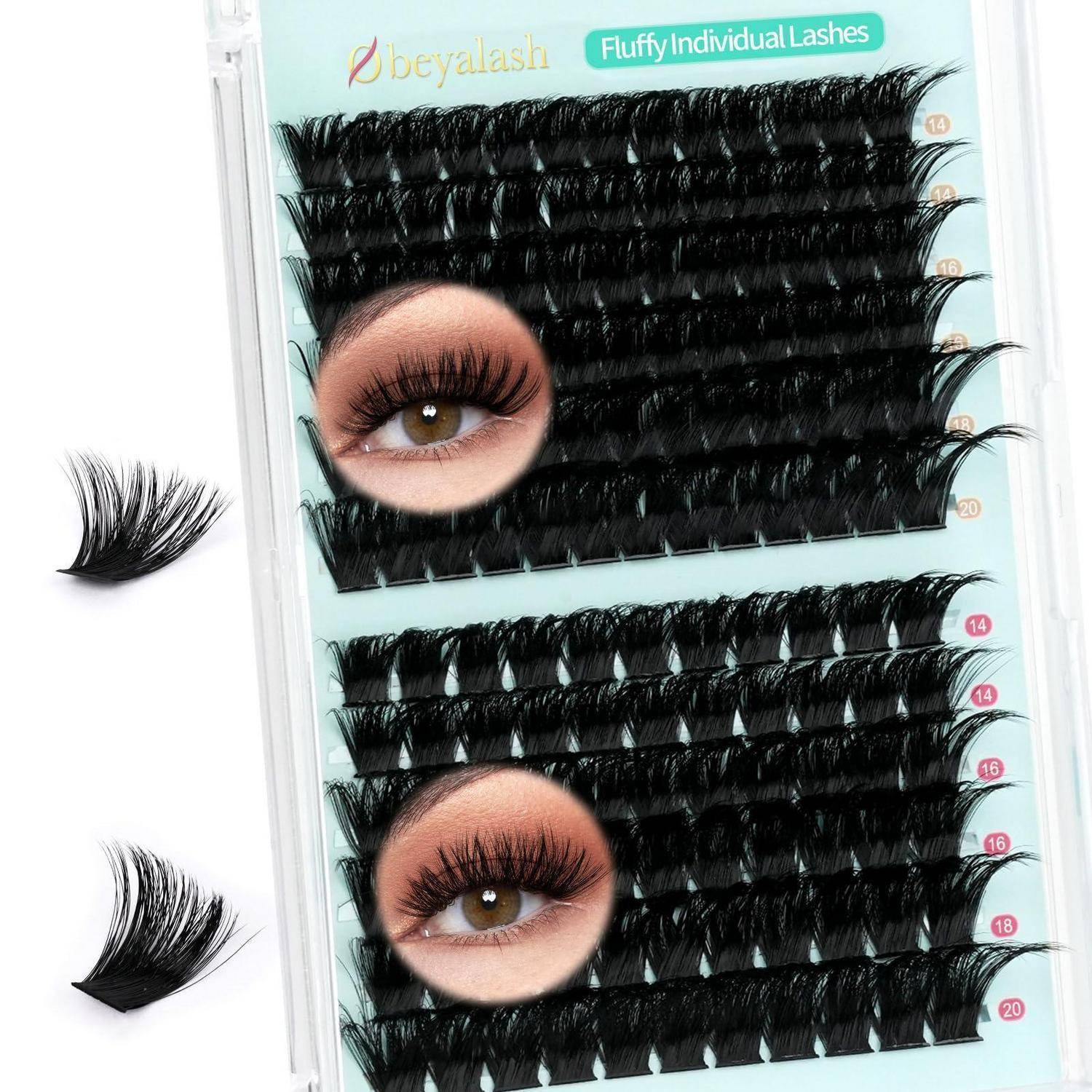 Packung mit flauschigen einzelnen künstlichen Wimpern in Schwarz, gezeigt in mehreren Lockenlängen mit zwei Augenmuster-Fotos und losen Wimpernproben.