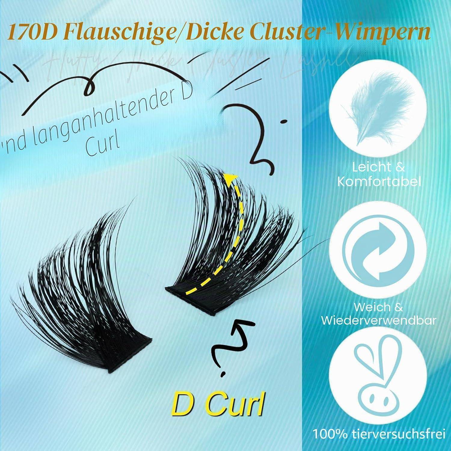 Anzeigenbild für 170D Wimpern, das dicke, fluffige Cluster-Wimpern mit langanhaltender D-Krümmung zeigt, plus Symbole, die leicht, wiederverwendbar und 100% tierversuchsfrei hervorheben.